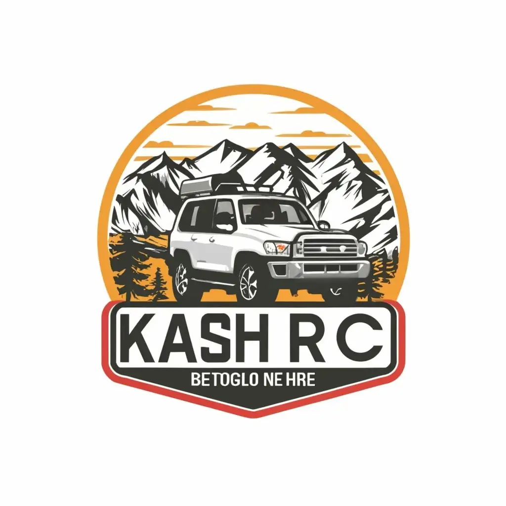 logo, logo, Land Cruiser IN THE MOUNTANTS, use white, yellow, orange and red colors., with the text "KASH RC", typography, be used in the Automotive industry