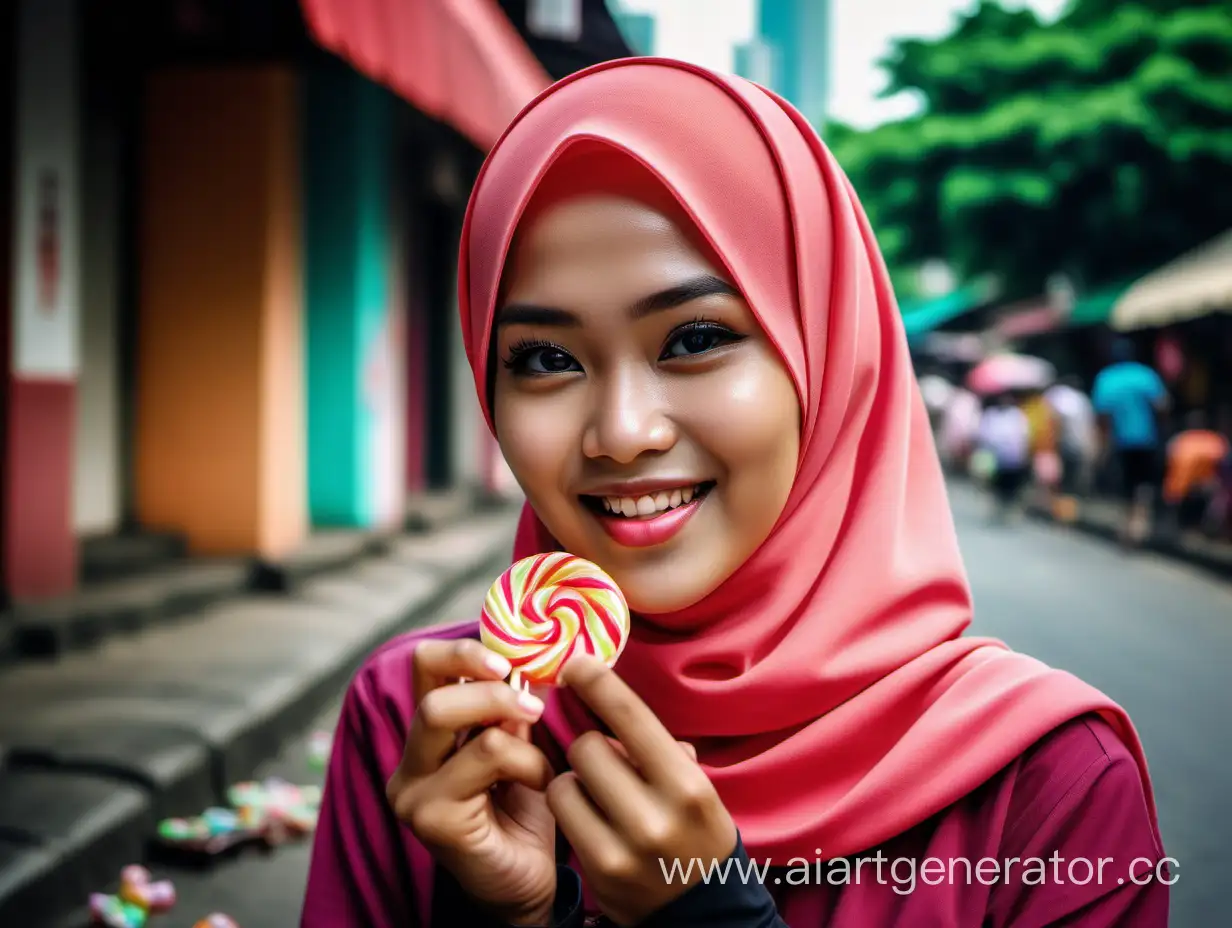 a beautiful Indonesian woman who wearing jilbab with realistic facial features, captured in high-definition photography, enjoying a candy. The photo is styled in vibrant colors, capturing the joy and playfulness of the moment. Canon EOS R5, portrait mode, 50mm lens, cultural-inspired attire, street photography