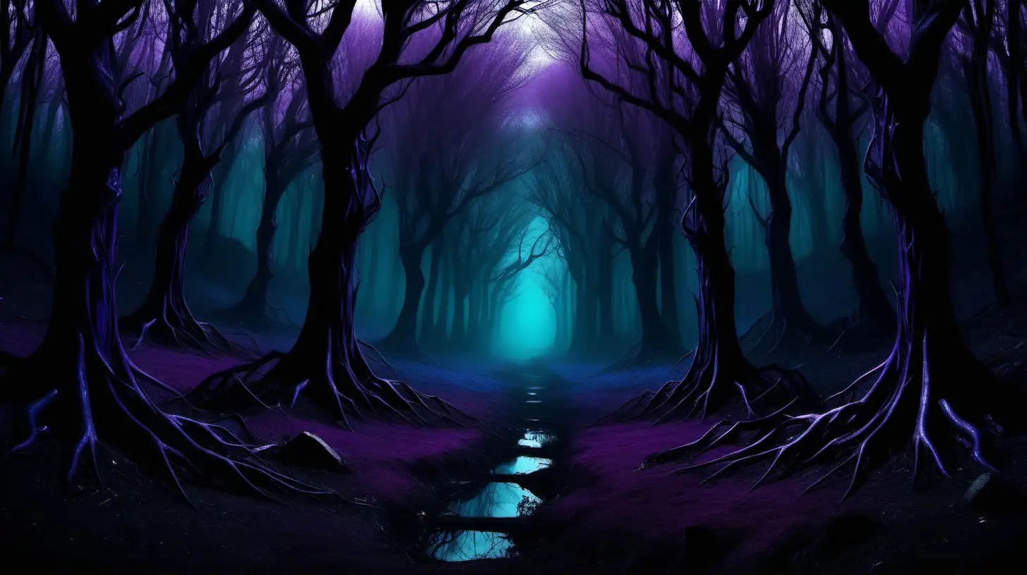 a shadow laden dark gothic magical realm magical forest with various shades of purple, blue and black desolate landscape
