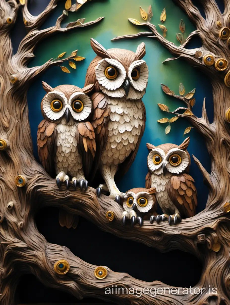 Create a high-quality, detailed close-up of a 3D animated owl with owlets in the hollow of an old flowering tree. The image should mimic the texture and depth of the oil. A painting expressing the serious character of the character in a sharp and convincing manner, influenced by the art of Lou Haza