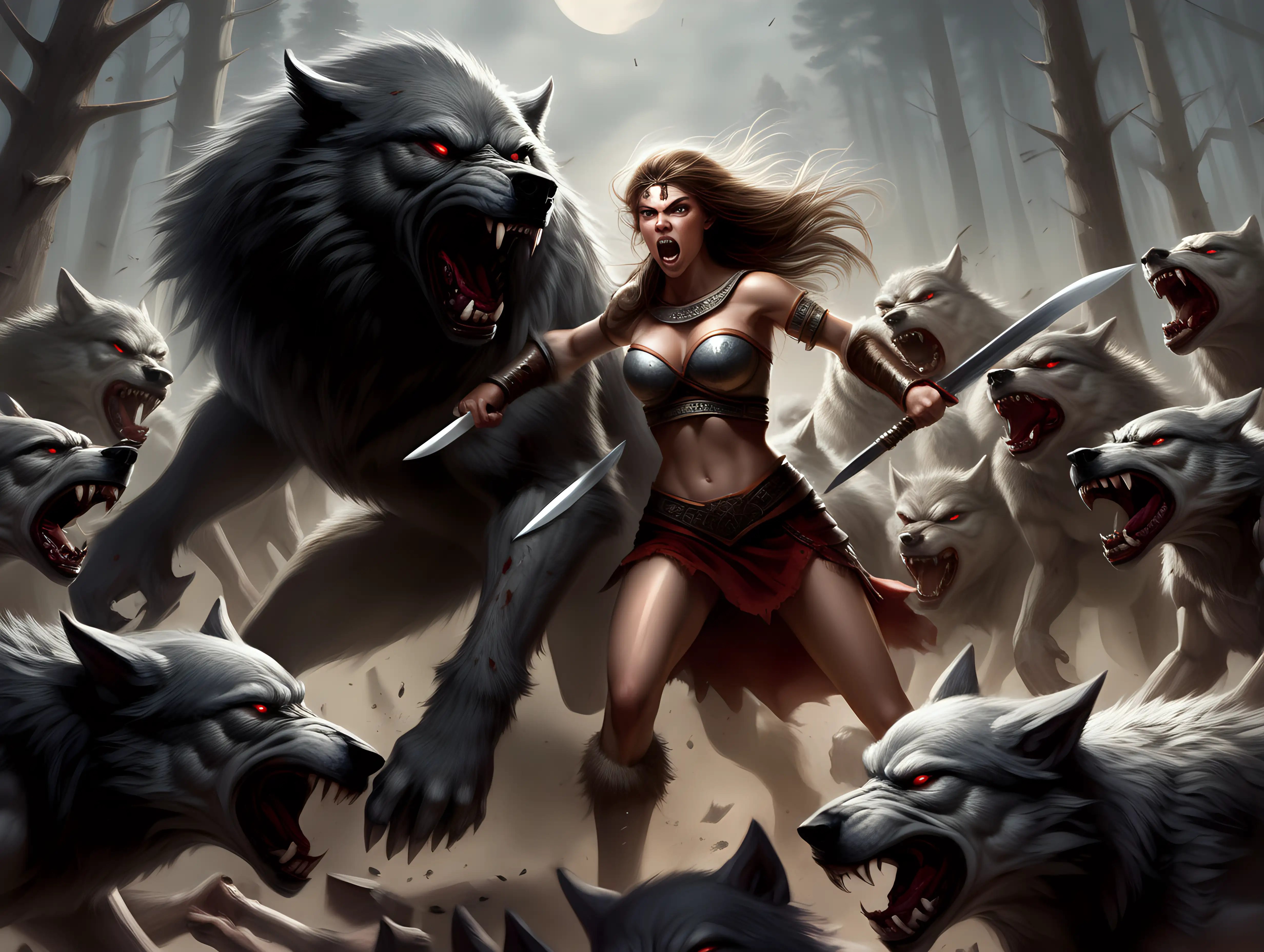 warrior princess fighting a horde of werewolfs