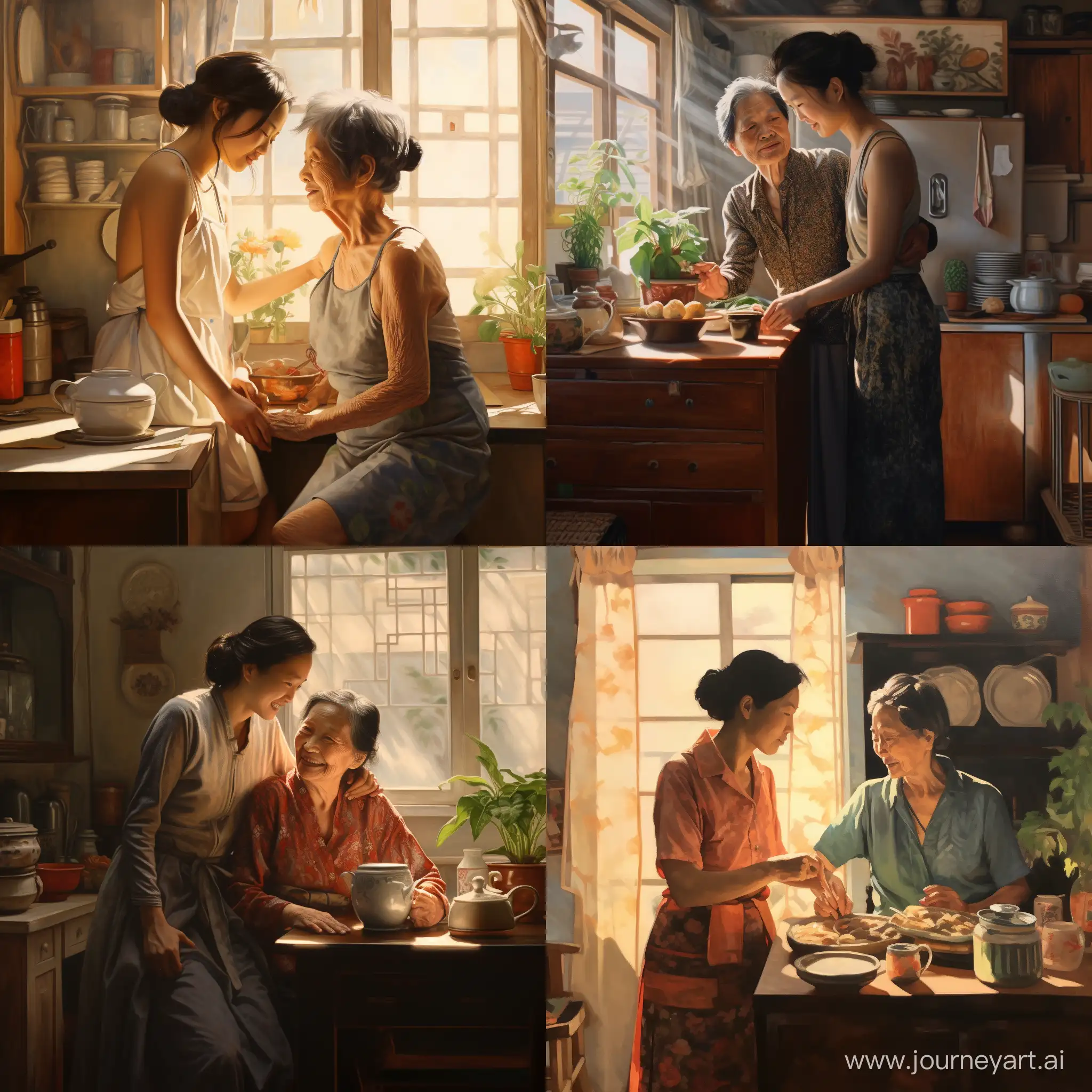 Under the early morning sun, an old Chinese lady and a Chinese daughter in her 40ties embraced each other in the warm and sunny kitchen
