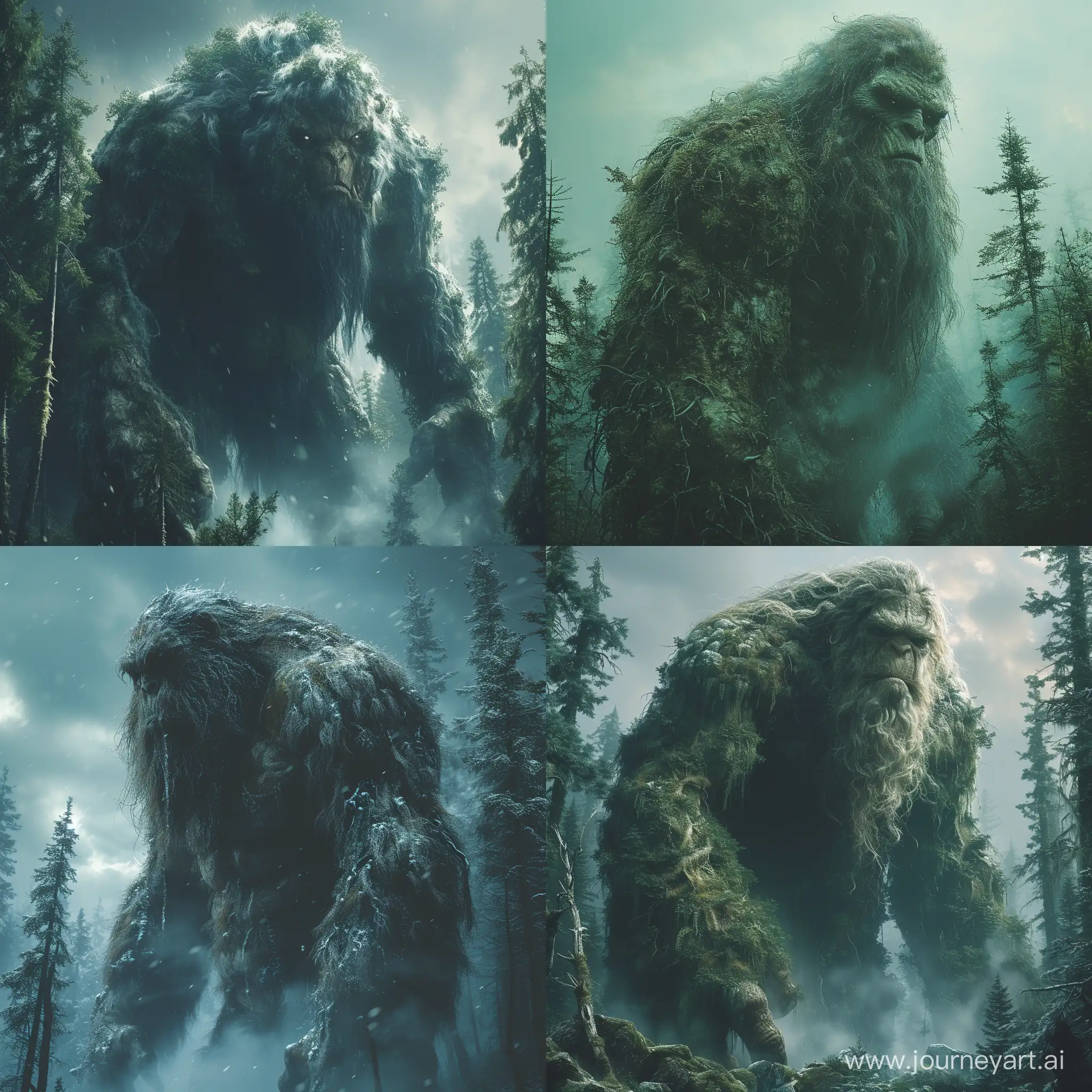 sebuah foto realistis, makhluk mitologi kuno yang hidup di pelosok hutan, tubuh besar seperti raksasa, hutan lebat yang dingin --stylize 750 --v 6
