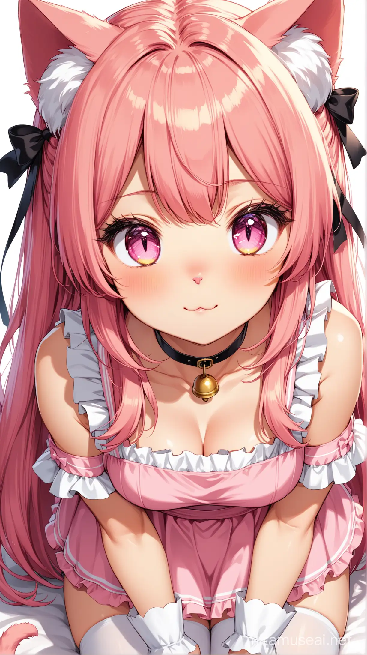 Kawaii Nyandere Cat Girl in Pink Maid Uniform Receives Headpat HighQuality Anime Illustration