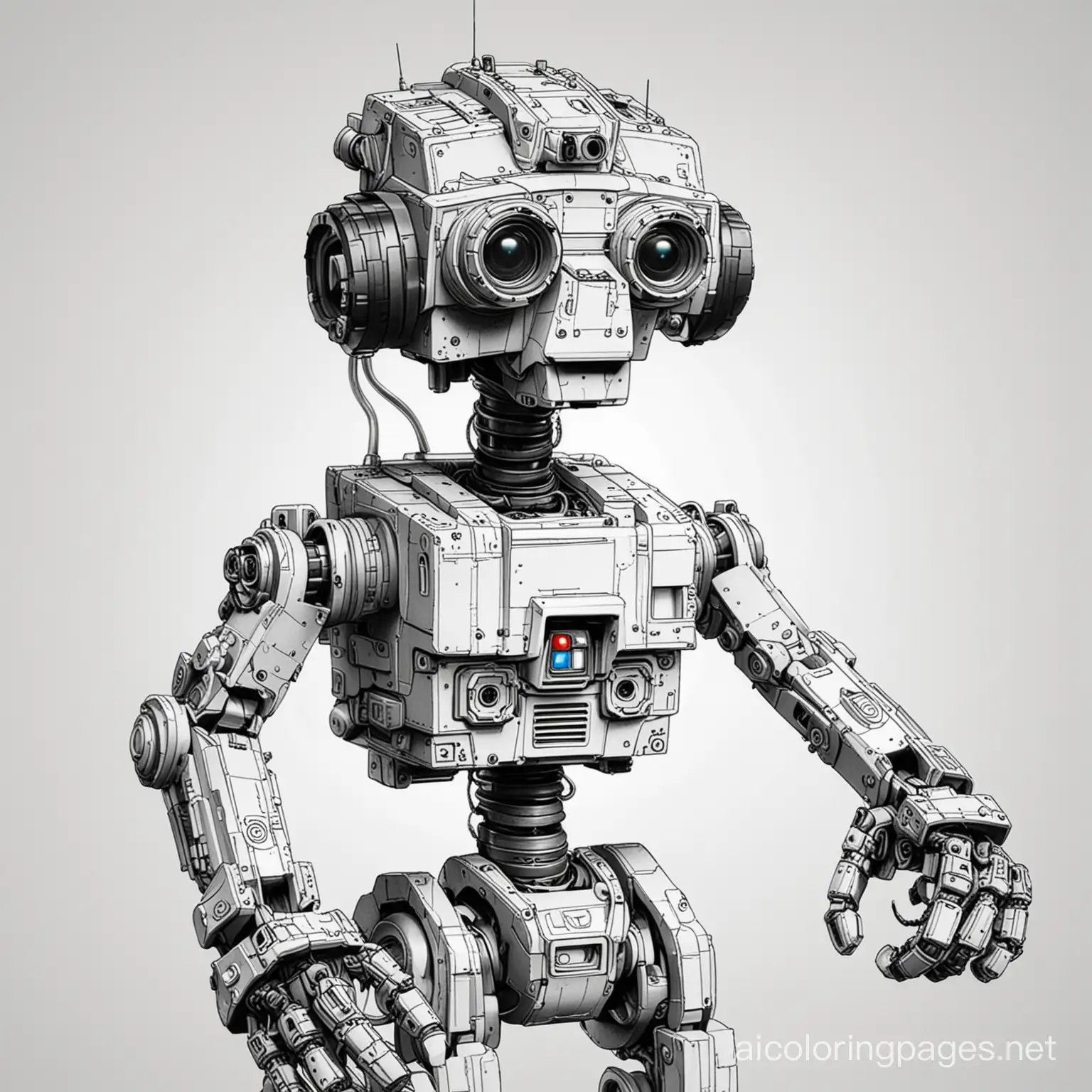 Johnny 5 from Short Circuit, Coloring Page, black and white, line art, white background, Simplicity, Ample White Space. The background of the coloring page is plain white to make it easy for young children to color within the lines. The outlines of all the subjects are easy to distinguish, making it simple for kids to color without too much difficulty