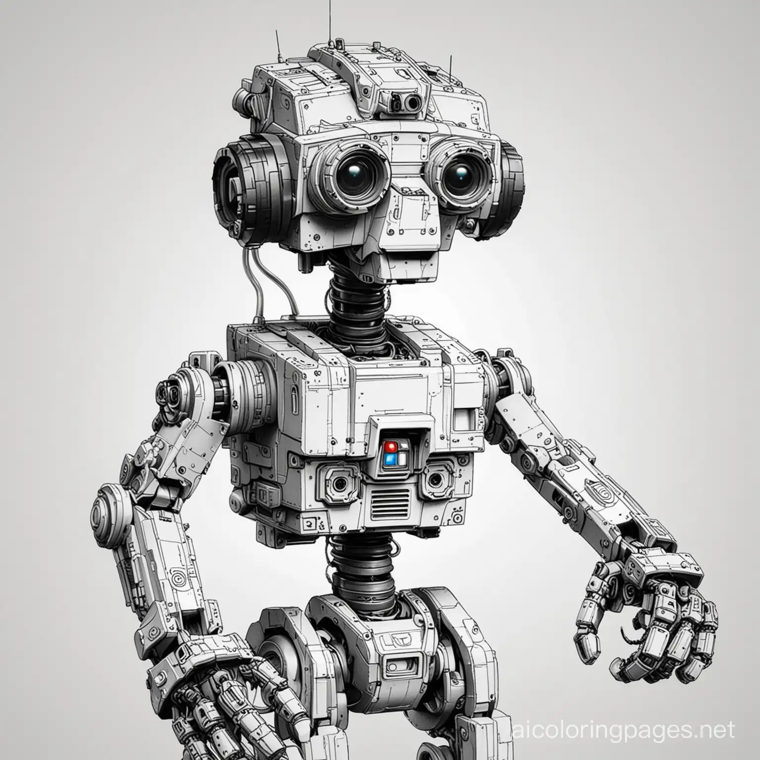 Johnny 5 from short circuit, Coloring Page, black and white, line art, white background, Simplicity, Ample White Space. The background of the coloring page is plain white to make it easy for young children to color within the lines. The outlines of all the subjects are easy to distinguish, making it simple for kids to color without too much difficulty