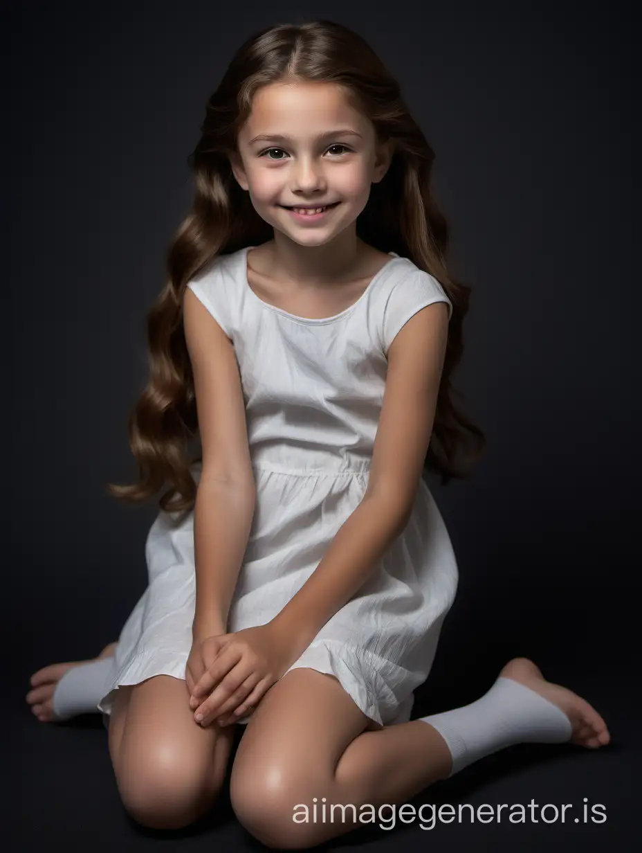 This 10-year-old girl has a slender body with graceful proportions. She has a round head with soft facial features. Her round eyes, hazel in color, radiate joy and curiosity. Her small nose is slightly upturned, giving her a friendly look. She has full, gentle lips that are often adorned with a cheerful smile. This girl's hair is long and thick, dark chestnut in color. It cascades down her back in soft waves, creating an elegant look. Her hair also has a natural shine and softness., 8K UHD, full body in image, Girl sits on the ground with a straight back, one leg slightly bent at the knee and pressed to the body, the other leg extended forward. She holds her hands on her knees and smiles.