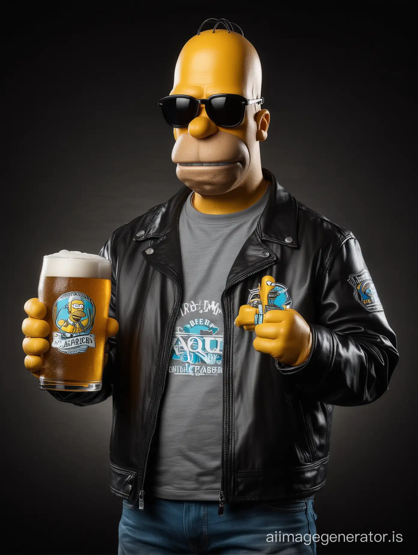 imagine Homer Simpson wearing sunglasses, black leather jacket with a logo that says "Aqua". Holding a beer, looking ahead smiling. Studio photo. network backlighting. Clean black background