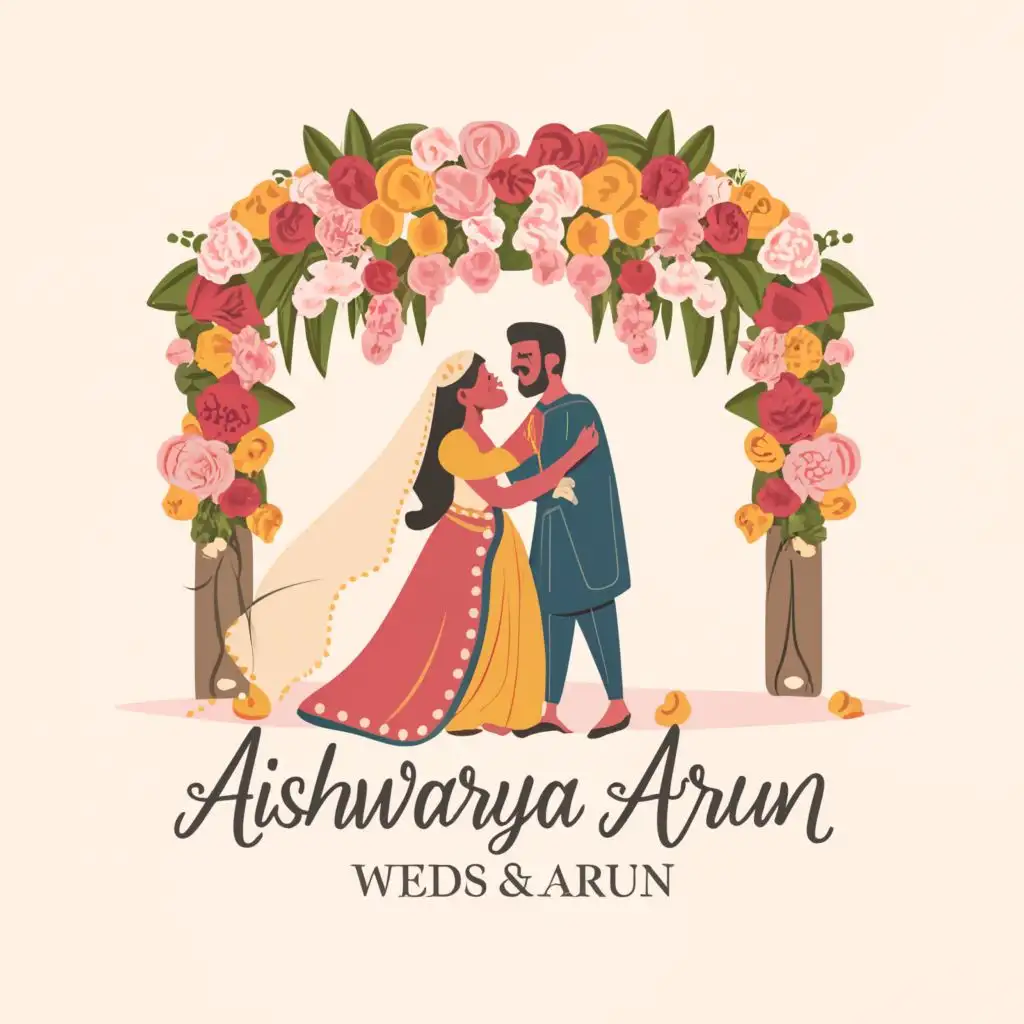 a logo design,with the text "Aishwarya weds Arun", main symbol:light background logo with pink white yellow flowers,Moderate,clear background