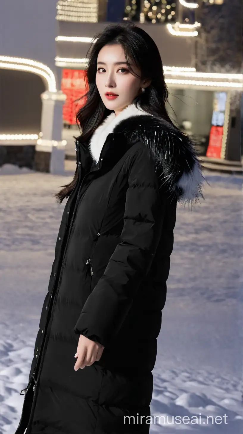 美女穿白色毛领黑色长款加厚羽绒服，冻得不行了，雪地，寒风吹，东方，黑眼睛，长黑发，清纯优雅甜美