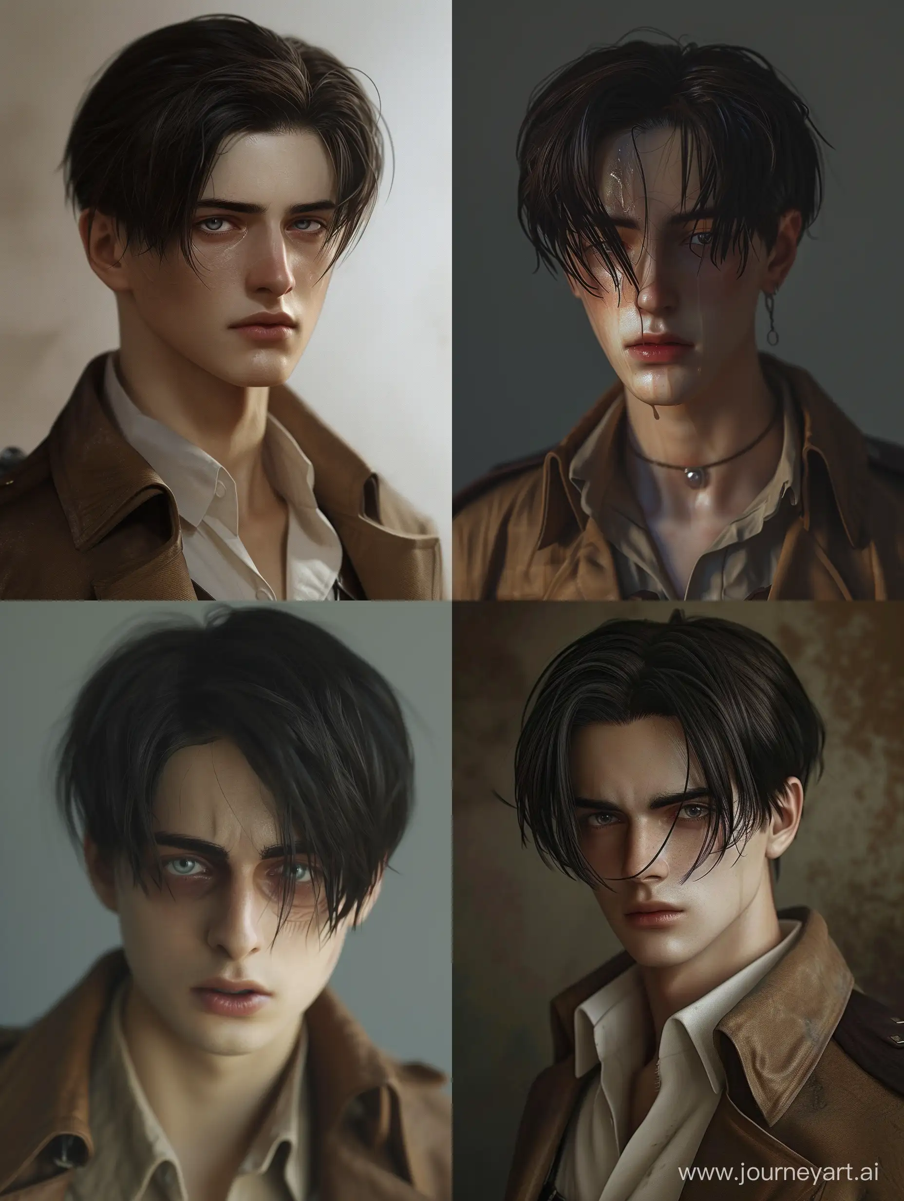 Hyper Realistic levi Ackerman from attack on Titan in his 30 with normal dark circles