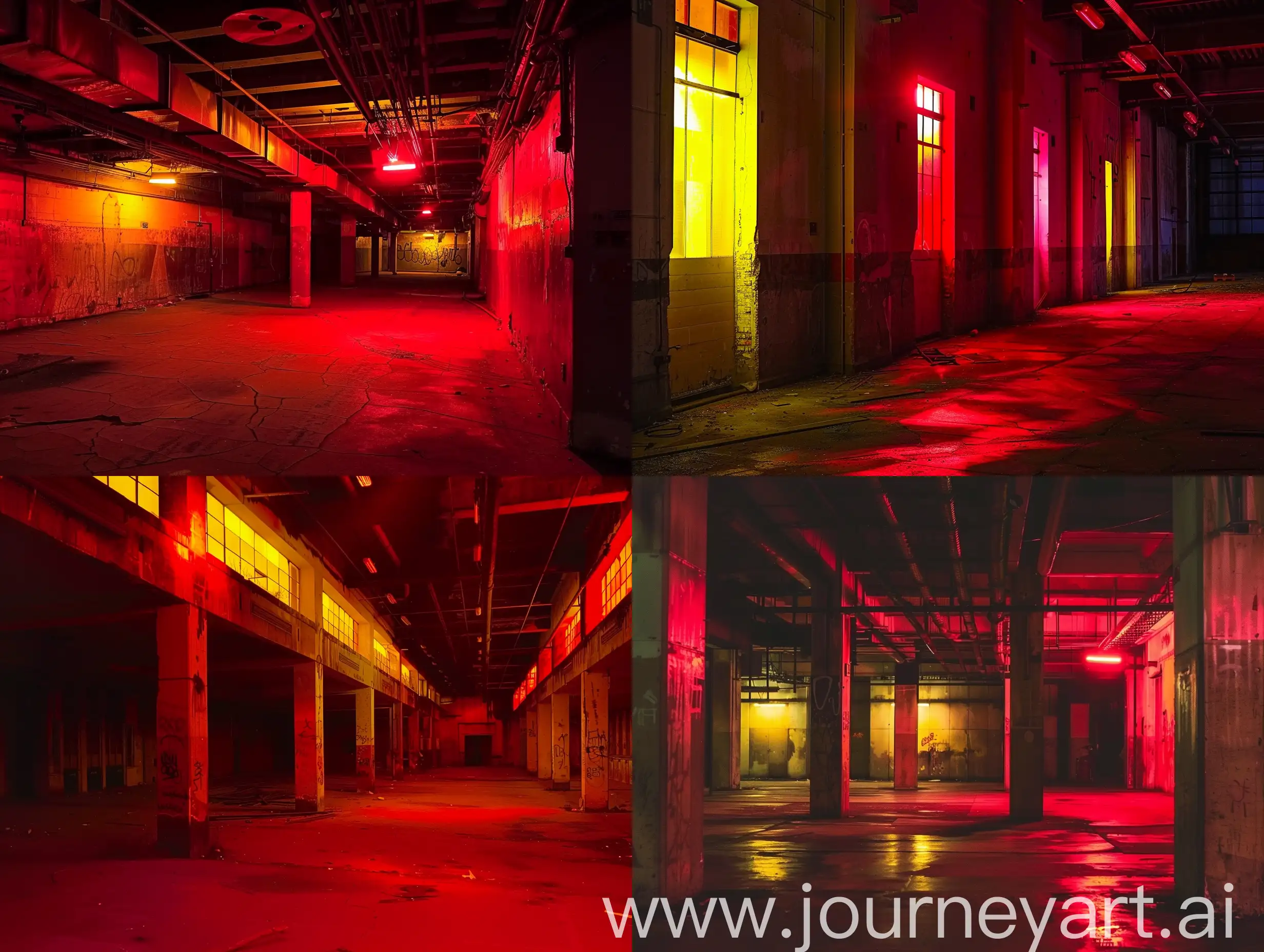 Eerie-Abandoned-Building-with-Dim-Red-and-Yellow-Lights