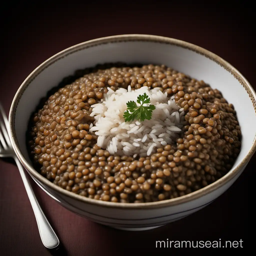 A bowl of brown lentils with wholemeal rice, viewed from a three-quarter angle, as if photographed for a restaurant's promotional material