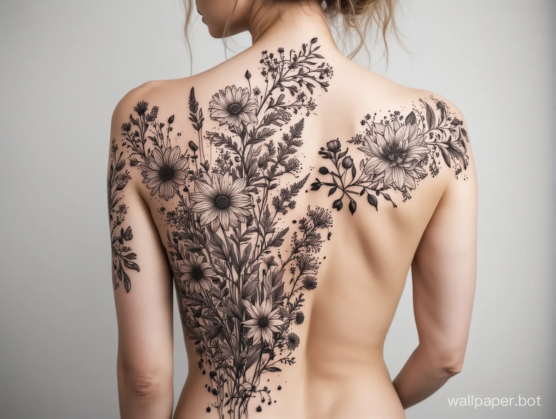 amazing wildflowers pattern tattoo, showing back tattoo, hipperdetailed blackwork, dotwork, studio photo, white background