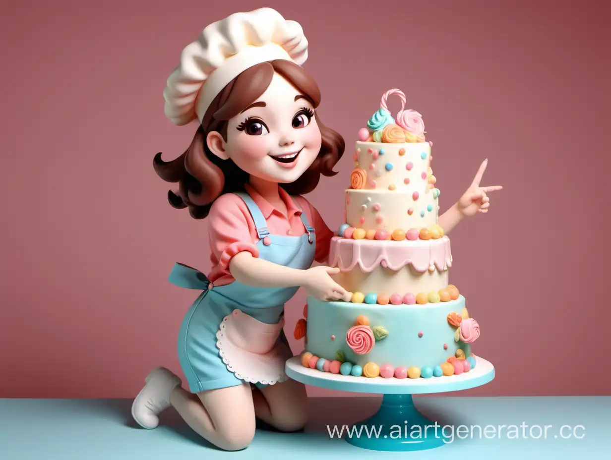 Толстенькая но симпотичная, милая и женственная девушка - кондитер украшает торт, в кадре полностью фигура, стол и торт, у девушки одна нога приподнятая, лицо мило улыбается, выражение лица увлечённое