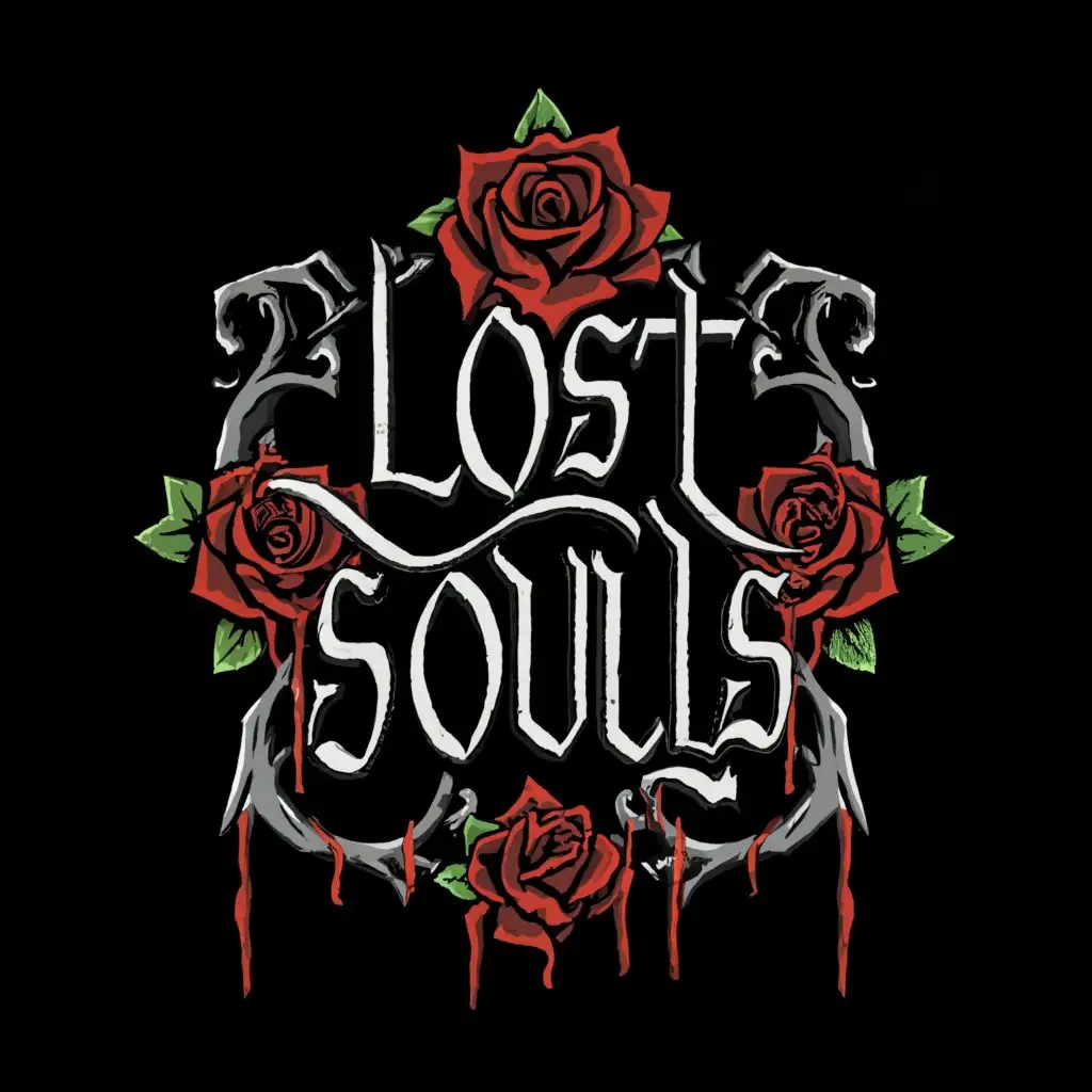 a logo design,with the text "lost souls", main symbol:black roses and blood,complex,clear background