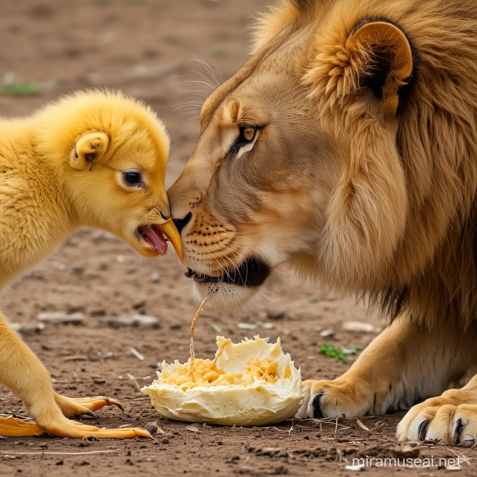 a chick with its beak  is eating a lion
