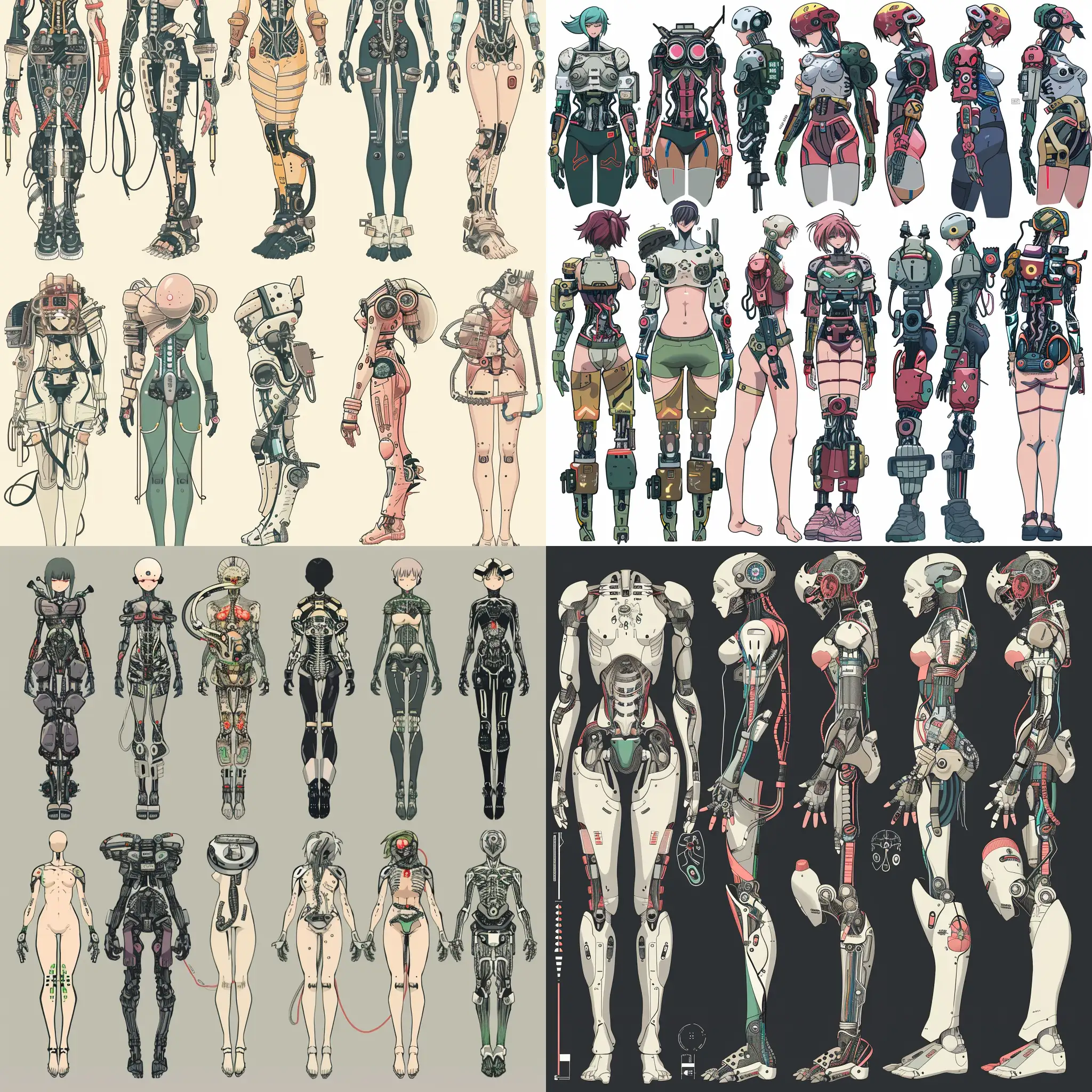 implants cybernétique diverse sur bras , jambes , tête , corps .anime style . neotokyo cyberpunk. mosaique 2 images