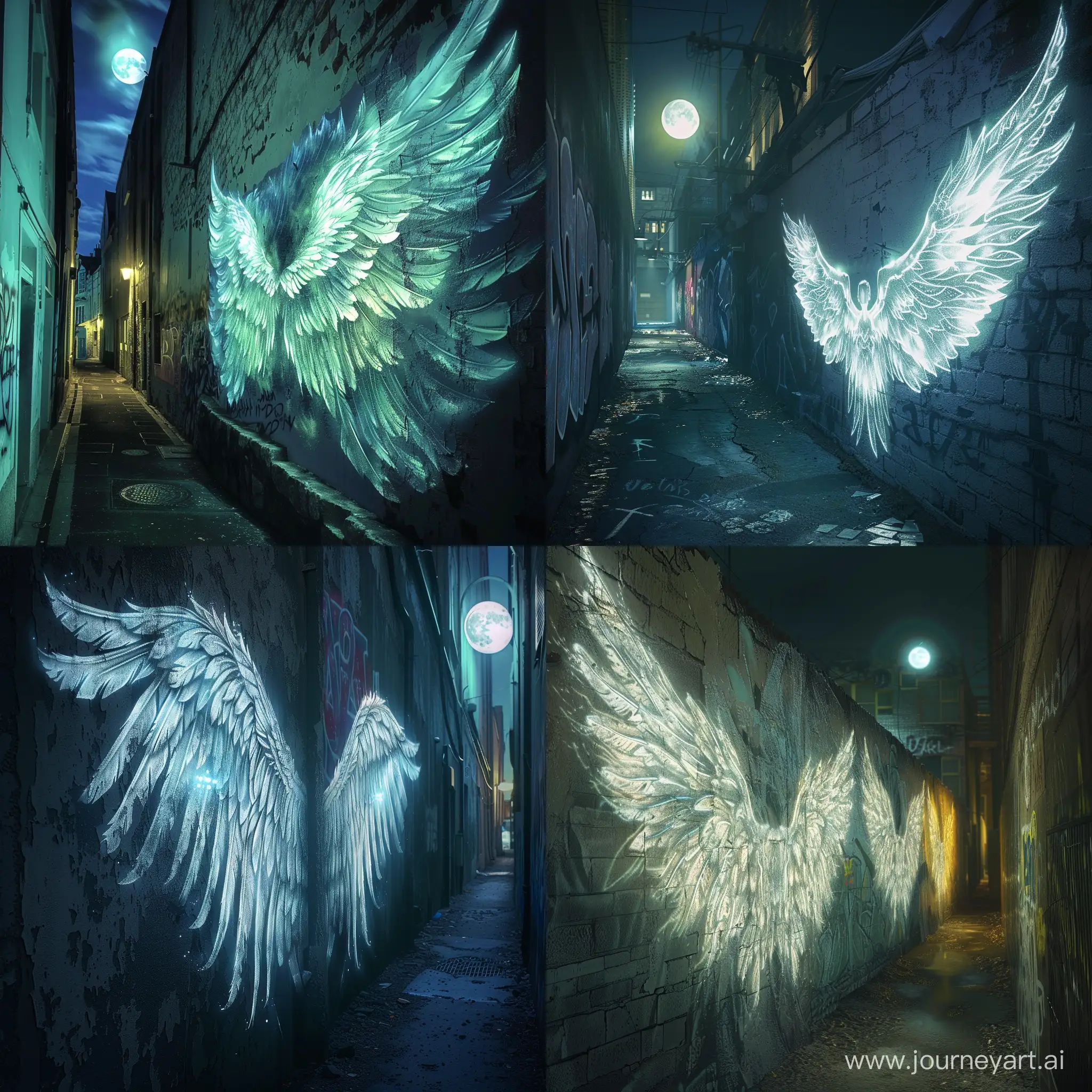 Create an image of a dark, narrow alley at night, illuminated by the light of a full moon. The alley is bordered by a long wall that features a luminous mural of angelic wings, painted to appear as if glowing in the moonlight. The wings are detailed and cast subtle shadows on the wall's textured surface. The environment is still and mystical, with the moon adding a serene light to the scene.
Exclude any living creatures, people, or moving elements like cars and animals. There should be no graffiti or other murals on the wall apart from the wings. Avoid bright artificial lights such as street lamps or neon signs that could distract from the moonlit atmosphere of the alley.