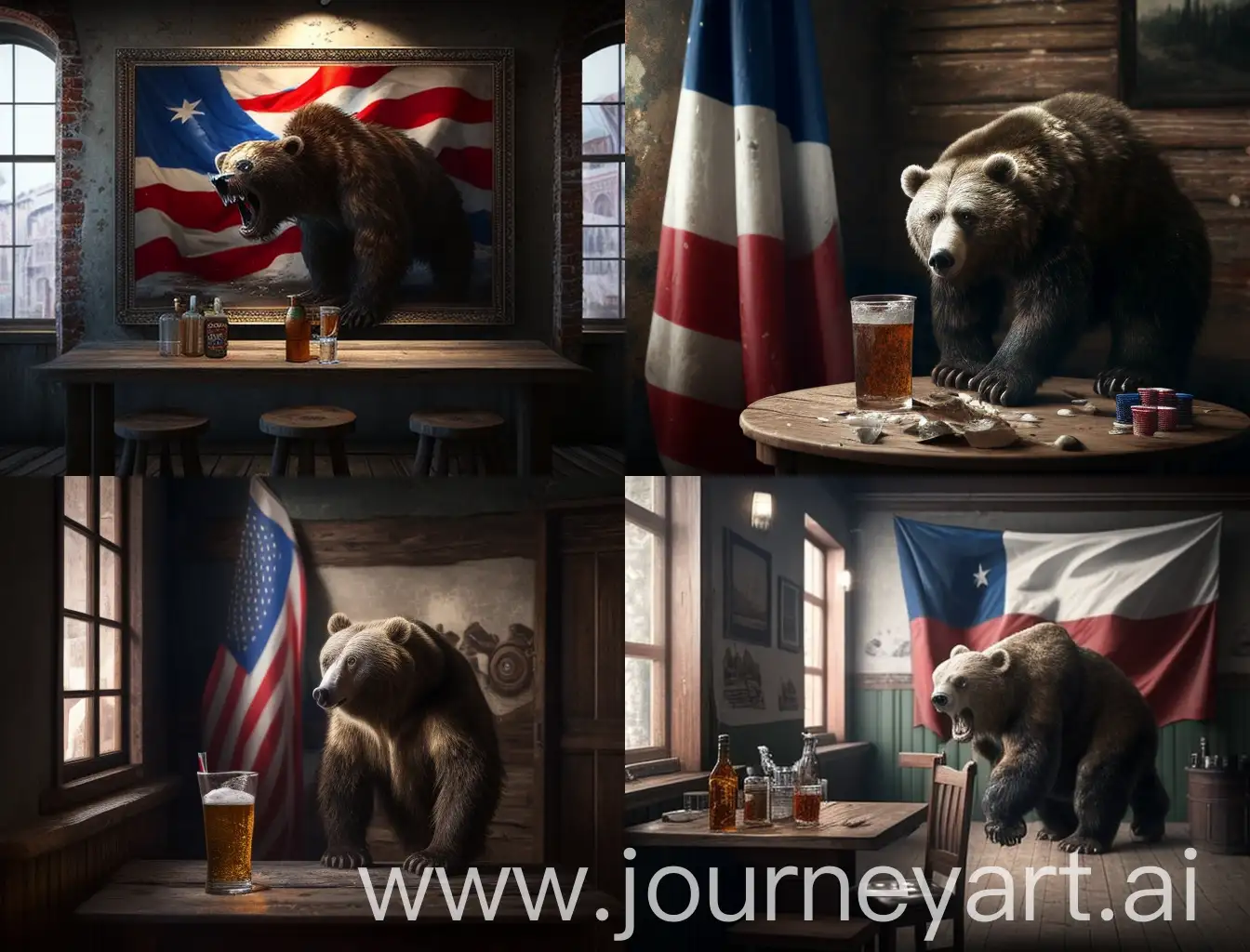 Дикий пьяный вооруженный медведь пьёт пиво в старом полуподвале Бара. На стене флаг России. На столе порванный американский флаг. С Днем Защитника Отечества!