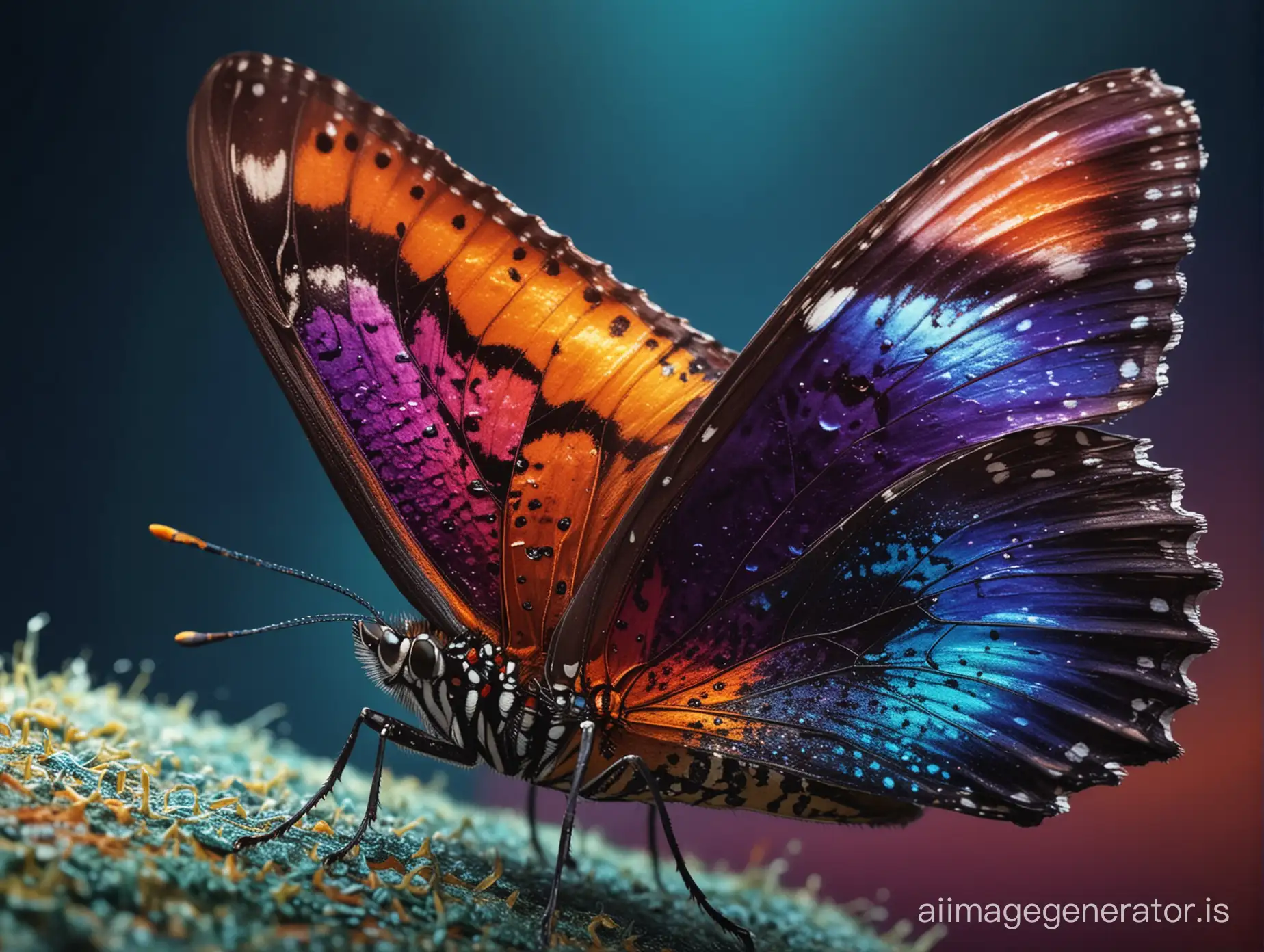 vibrant and vivid 4K resolution image of a butterfly with a scar on its wing, bold and contrasting colors, macro photography, detailed close-up shot, surreal and abstract, digital art