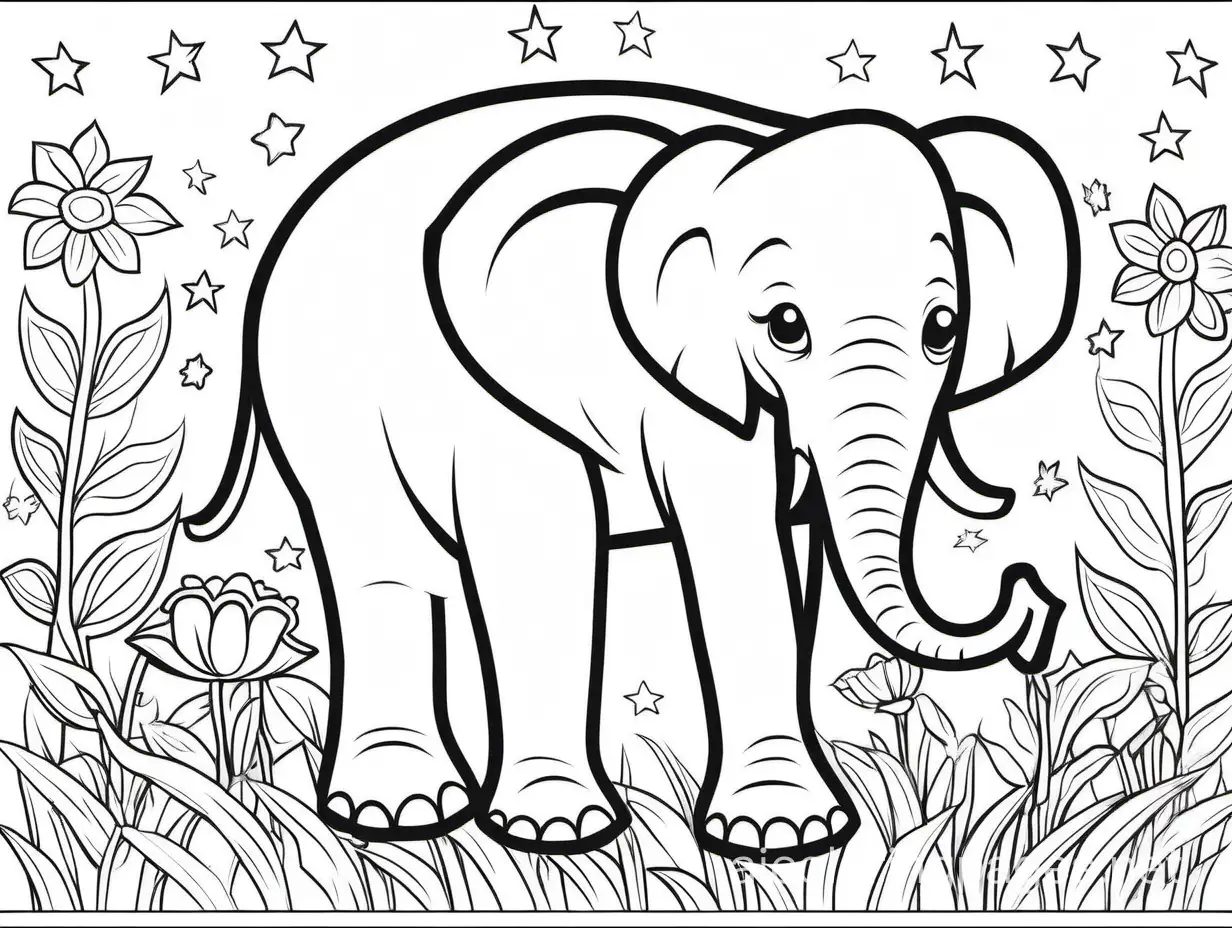 Medium-Elephant-Coloring-Page-with-Flower-and-Star-Background