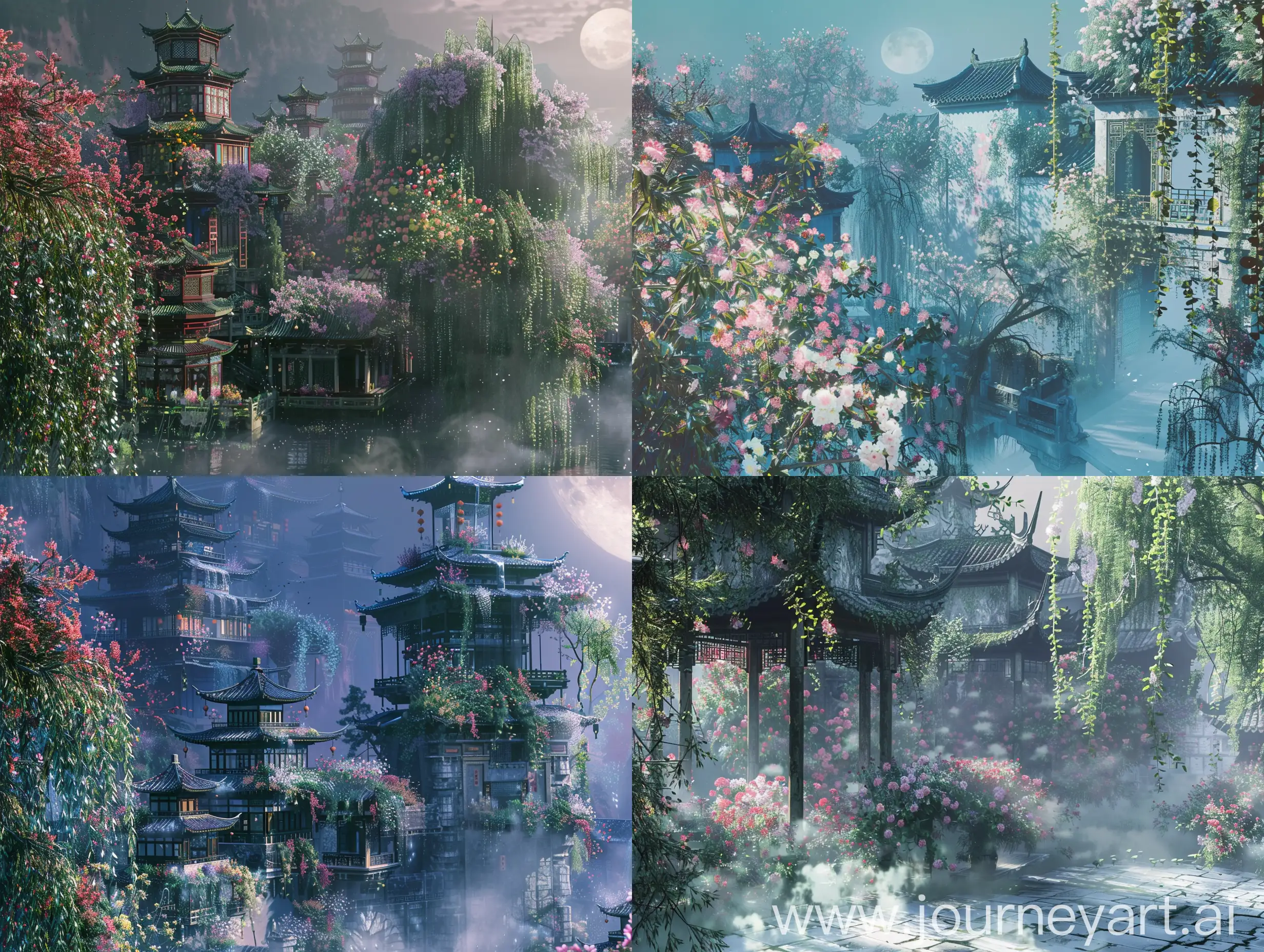 A blossoming garden scene from ancient China, with layers of buildings shrouded in flowers, and delicate spring shadows cast by the weeping willows in a soft moonlight, displaying a sense of richness and vibrancy that spring brings.
