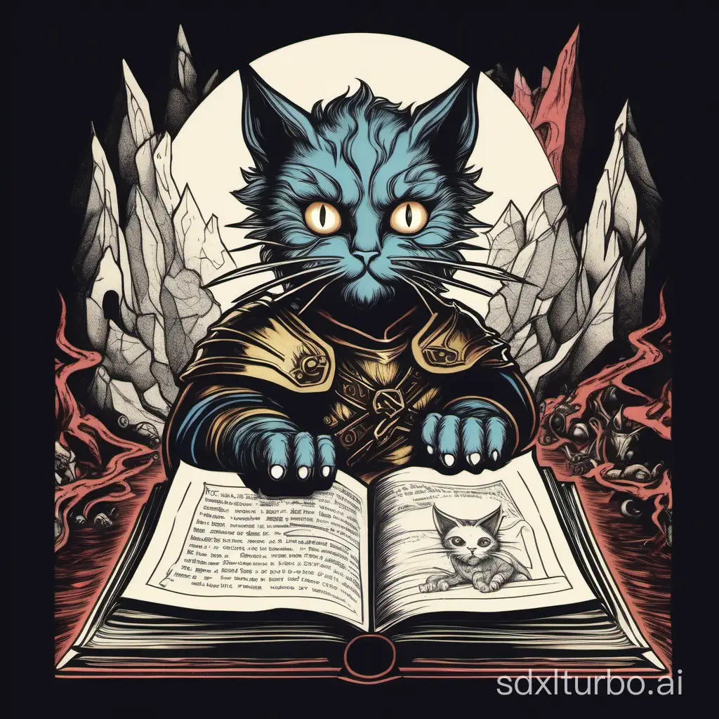 1970’s dark fantasy book cover paper art dungeons and dragons style drawing of a kitty