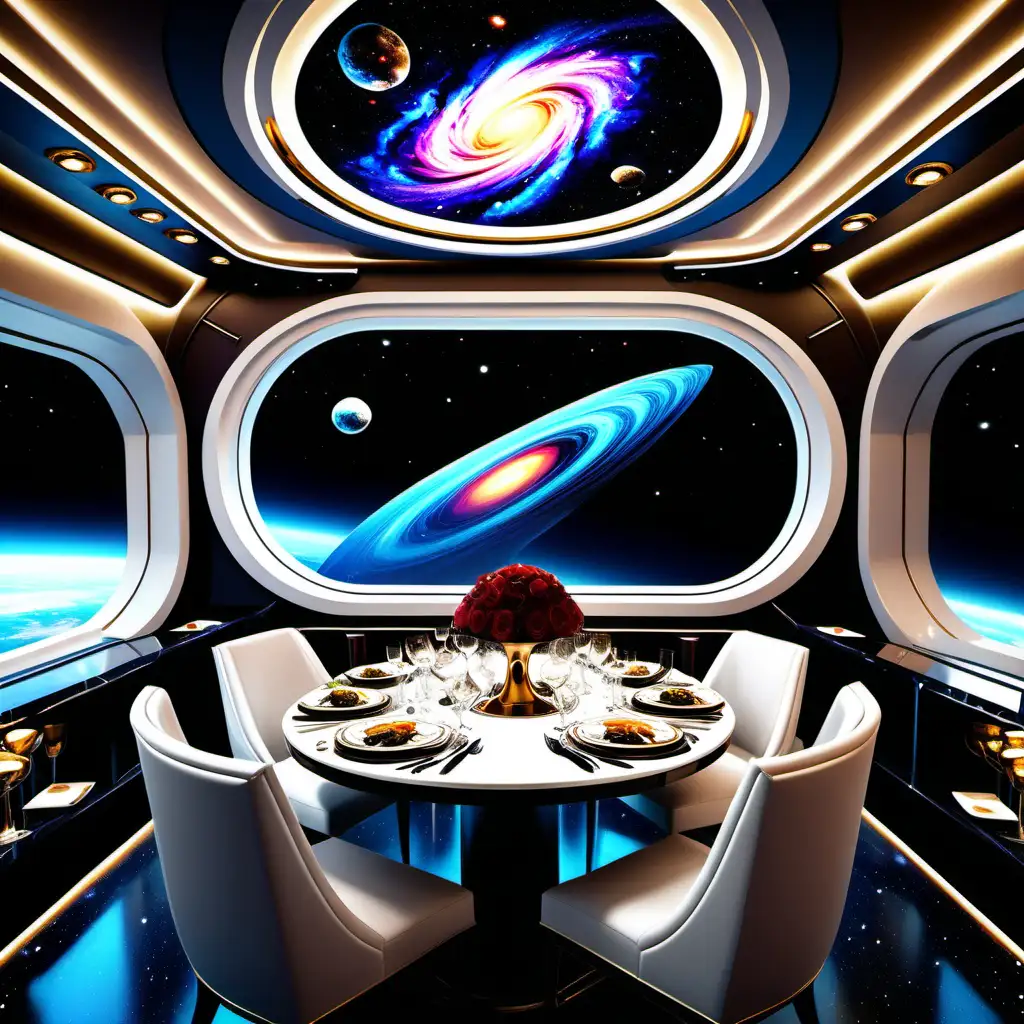 a billion-dollar dinner for one. using the rarest and most luxurious ingredients, and a custom-designed elements to create an unparalleled dining experience.  very futuristic and in space with gods for one person. serve a cosmic galaxy