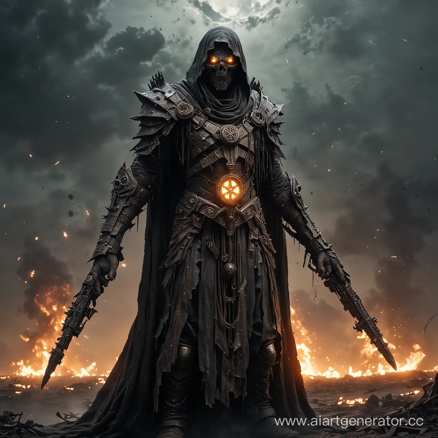 Apocalyptic Arbiter: Bringer of the end times, wearing tattered robes adorned with visions of apocalyptic destruction and glowing doomsday symbols. Make it cinematic 