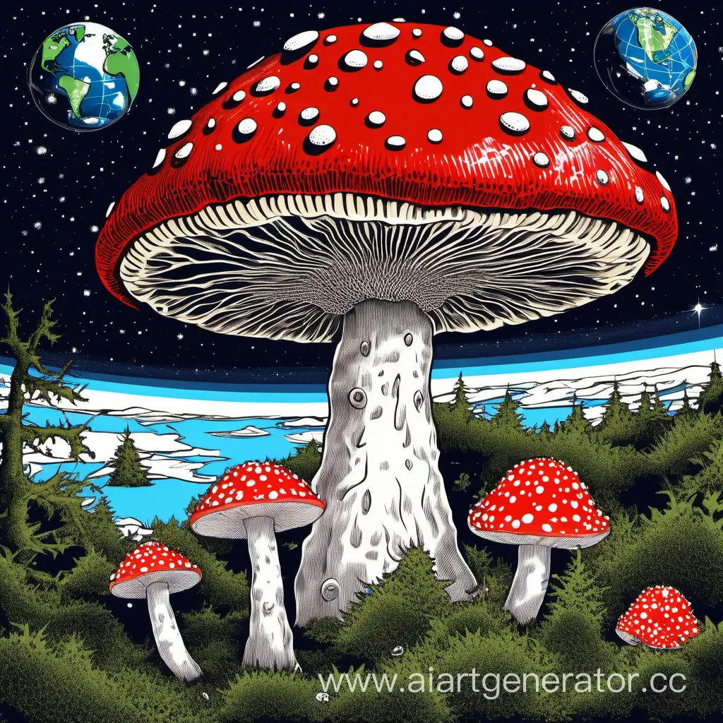 Vibrant-Red-Fly-Agaric-Mushroom-Overlooking-a-Cosmic-Landscape