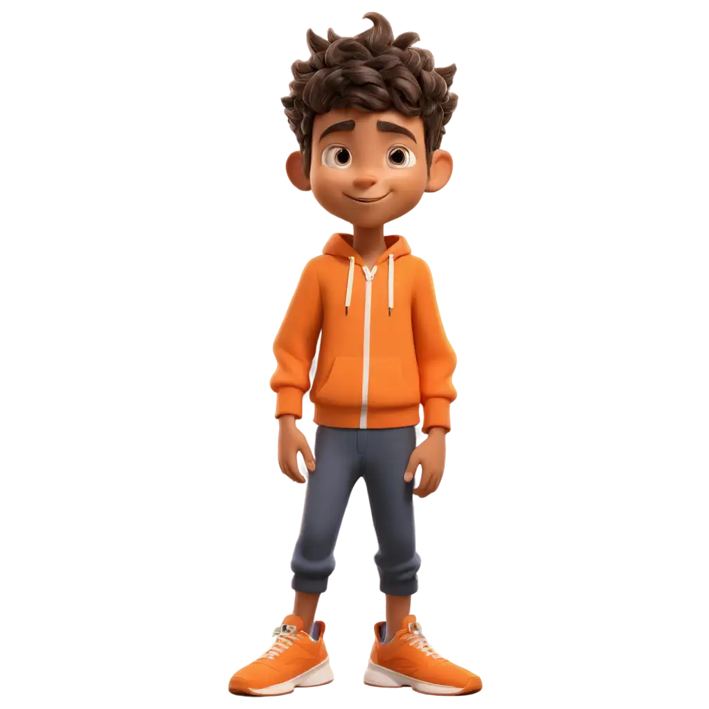 boy in 3D graphics, cartoon style, orange clothes