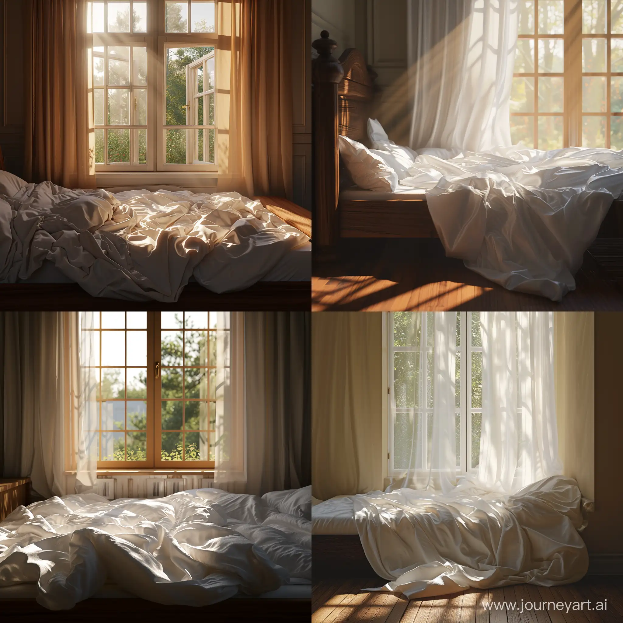 cozy morning bedroom with sunshine light coming from the window white sheets on the bed the bed from dark oak realistic 8k cinematographic