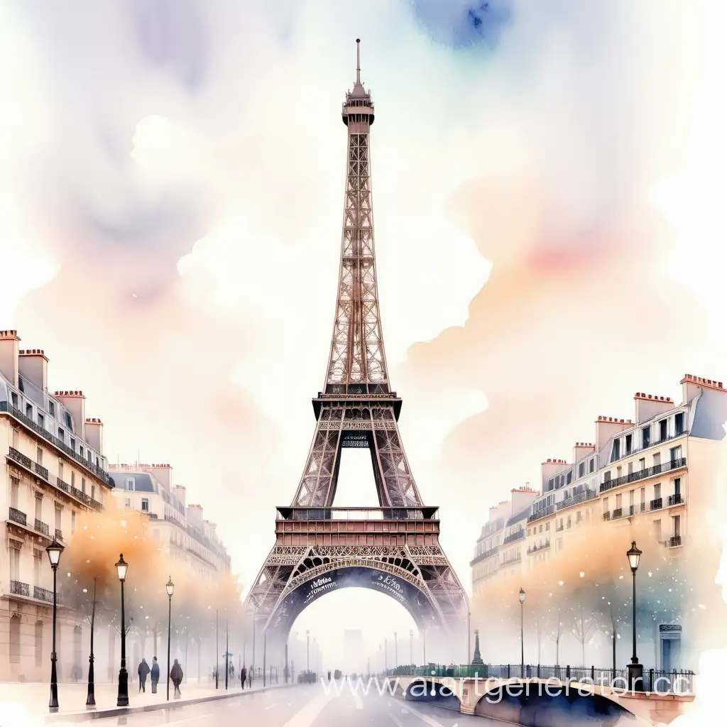 watercolor, illustration style, eiffel tower in the fog, buildings in the background, delicate light colors, detail, background blurred, high resolution