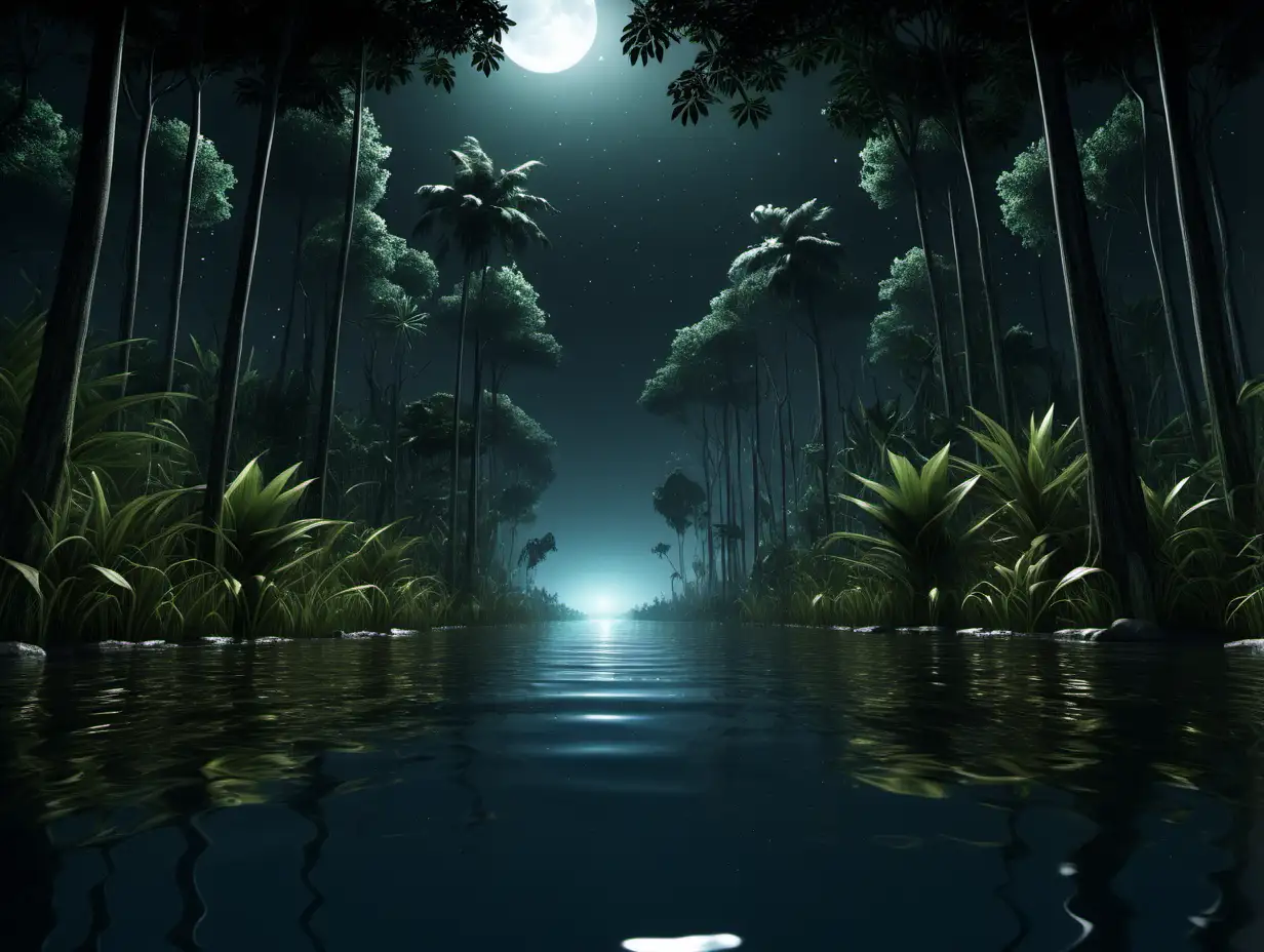 a junge, tall trees, water in the middle, night time, super realistic, 
