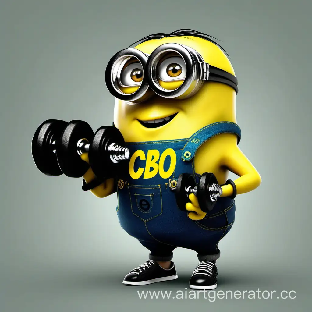 Minion yellow with glasses in sportswear holds a dumbbell and has CBO written on his jacket