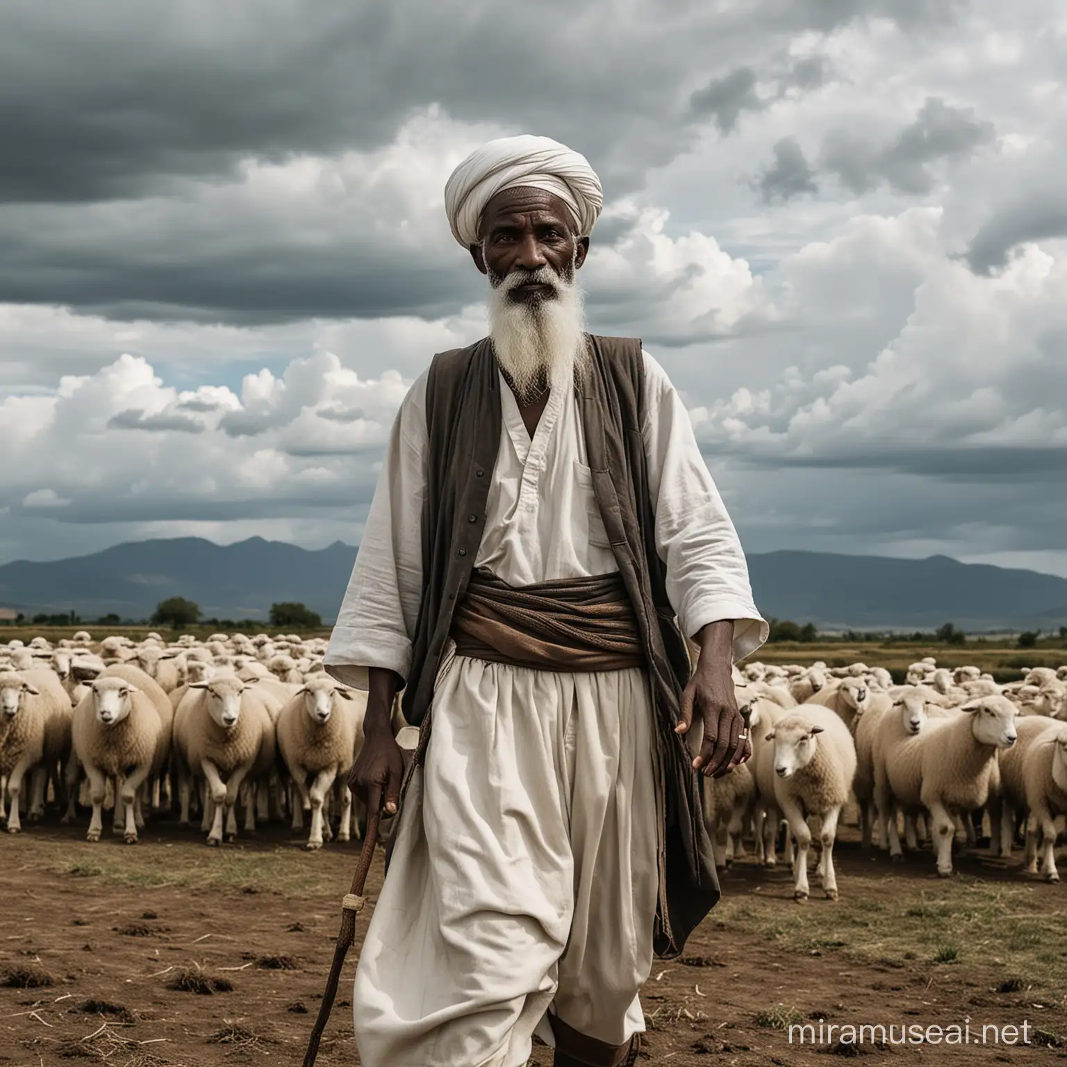 a skinny very dark black  nomad farmer 80 years white beard white turban   and moustache  and earrings  old clothing  total full body  background a few running sheeps cloudy sky  50 mmfuji xt3