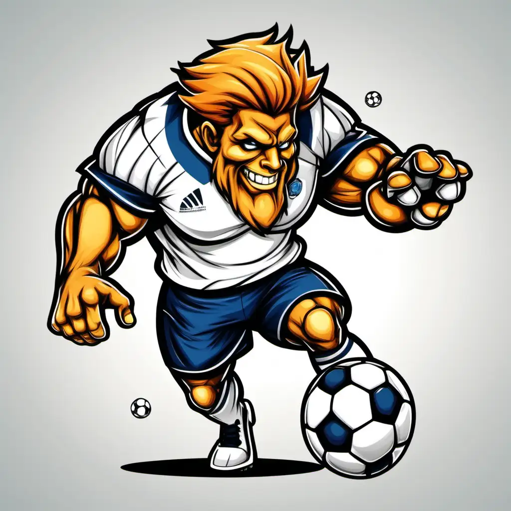 Cartoon Titan Mascot Kicking Soccer Ball with Energy Burst