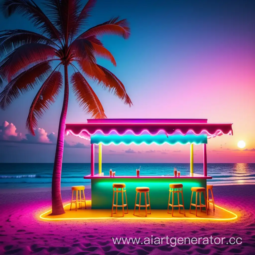 4k picture neon color with some beach cafe on background with palms