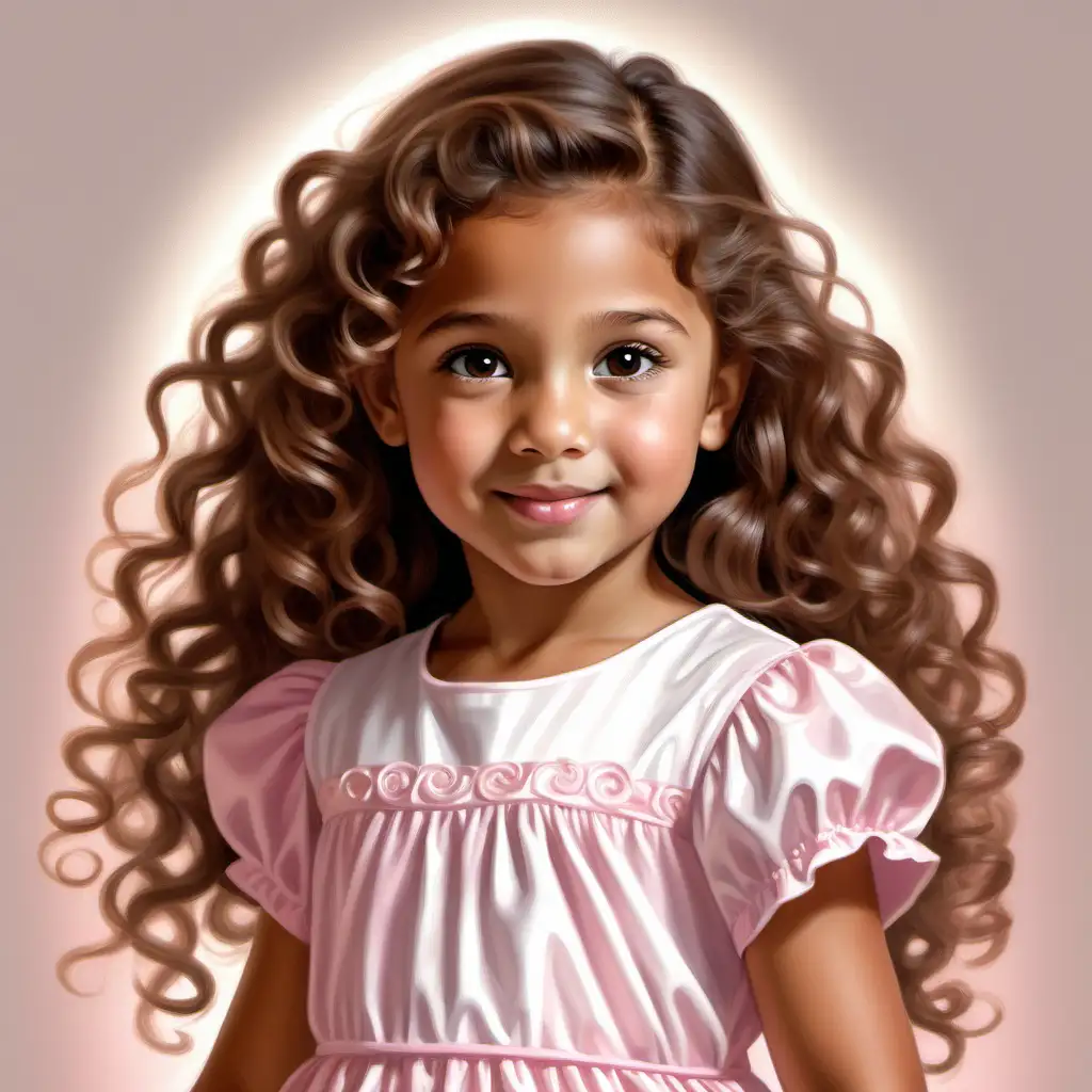Flat art, children's book, cute, 5 year old girl, tan skin, light hazel eyes, long tight curl brown hair, angelic face , neutral expression, beautiful,  pink and white dress, successful 