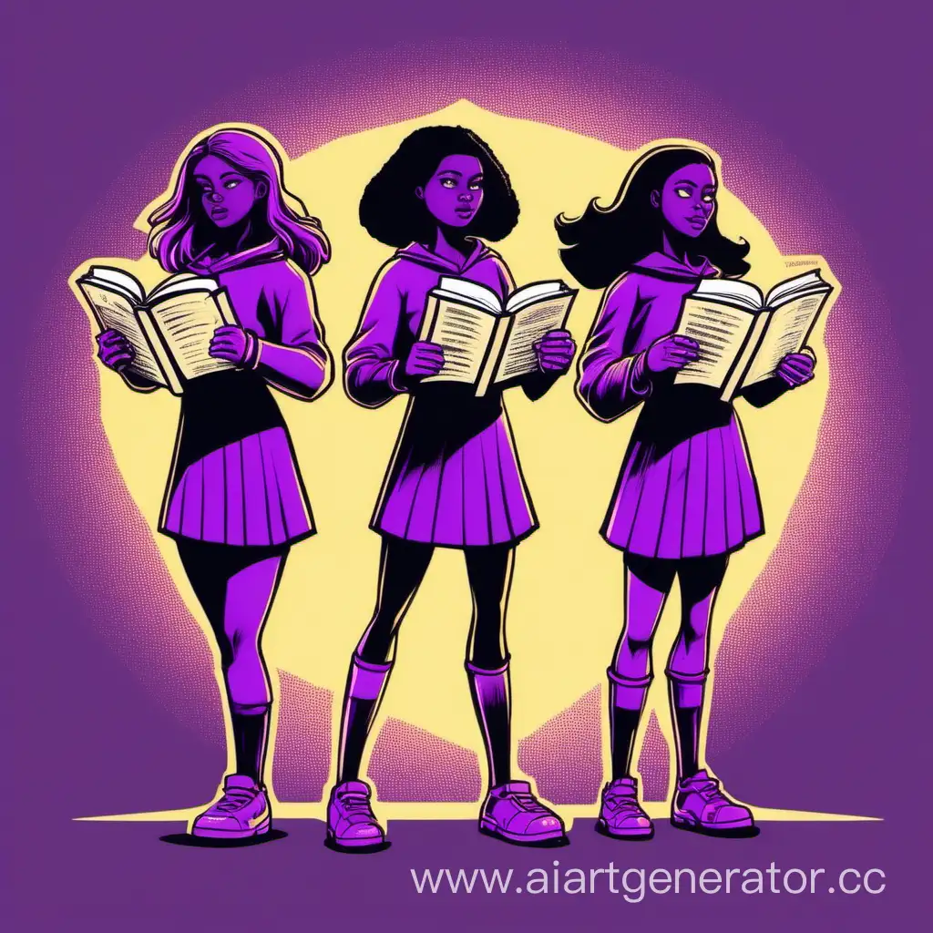 Empowered-Girls-Trio-Superhero-Pose-with-Book-Microphone-and-Glowing-Hands