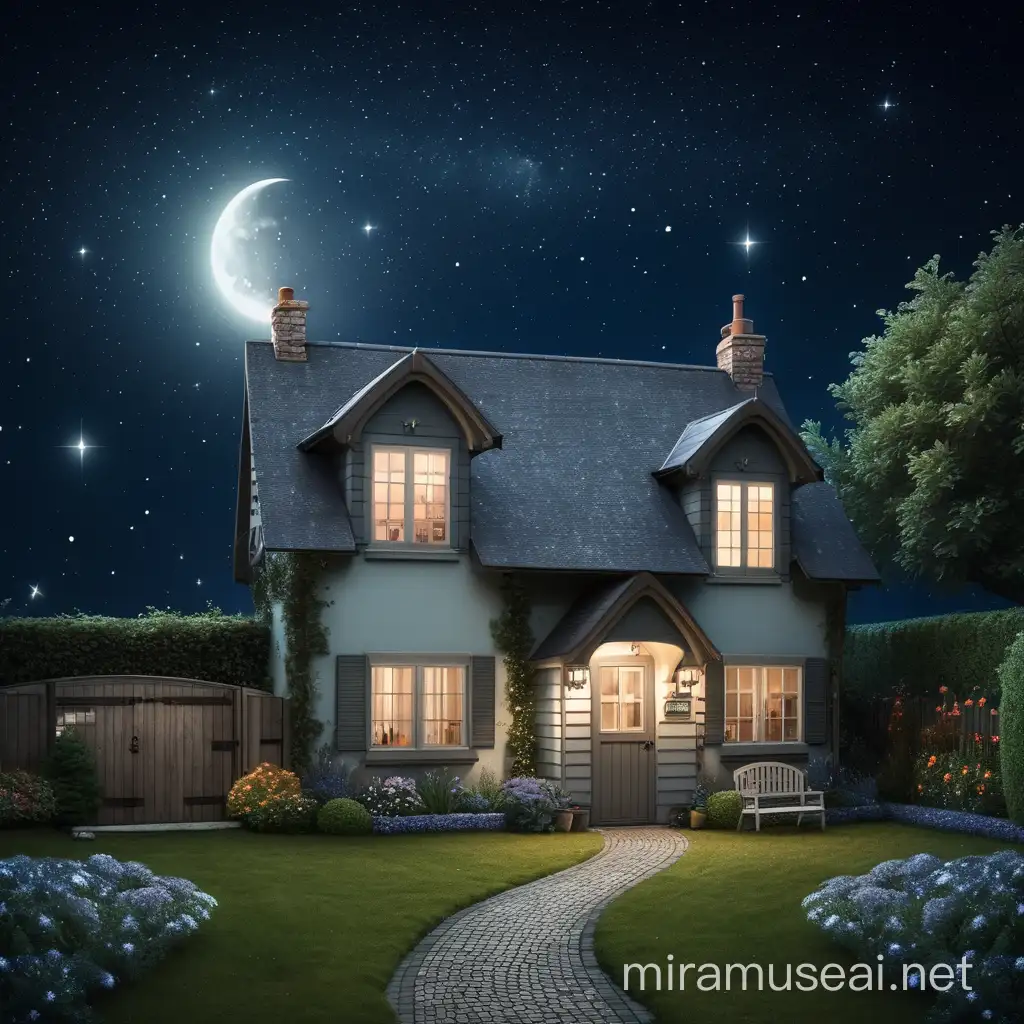 beautiful little house, night, stars, moon, garden, garage, nobody