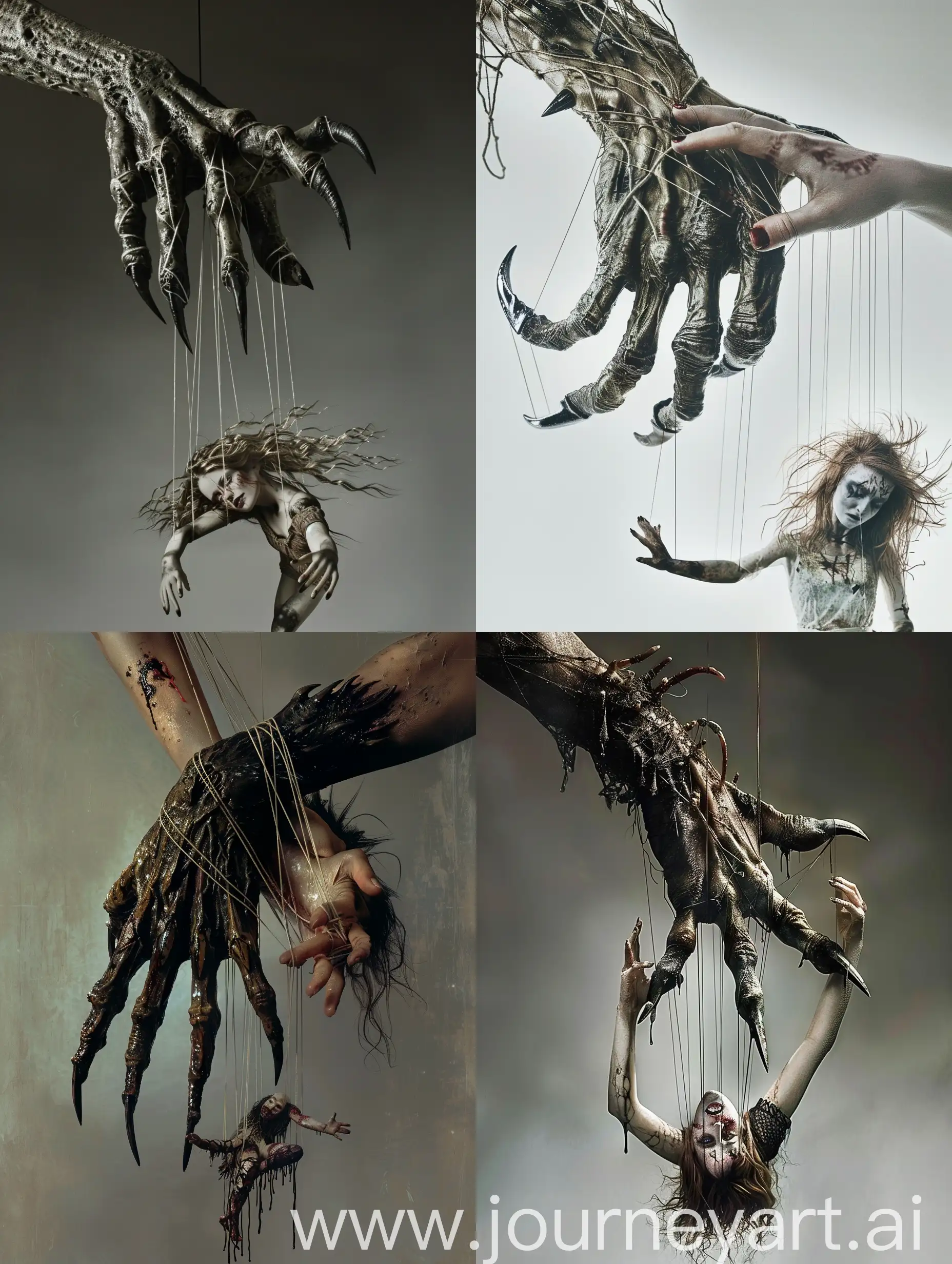Capture a visually striking image that showcases the surreal and unsettling concept of a large demon-like hand with razor-sharp claws, its fingers intricately tied with puppet strings. Suspended below the hand, a beautiful yet unhinged woman, her arms and legs attached to the puppet strings, transforming her into a marionette. The woman's appearance is disheveled, with wild, messy hair and makeup smeared across her face, accentuating her psychotic expression and conveying a sense of madness and instability.