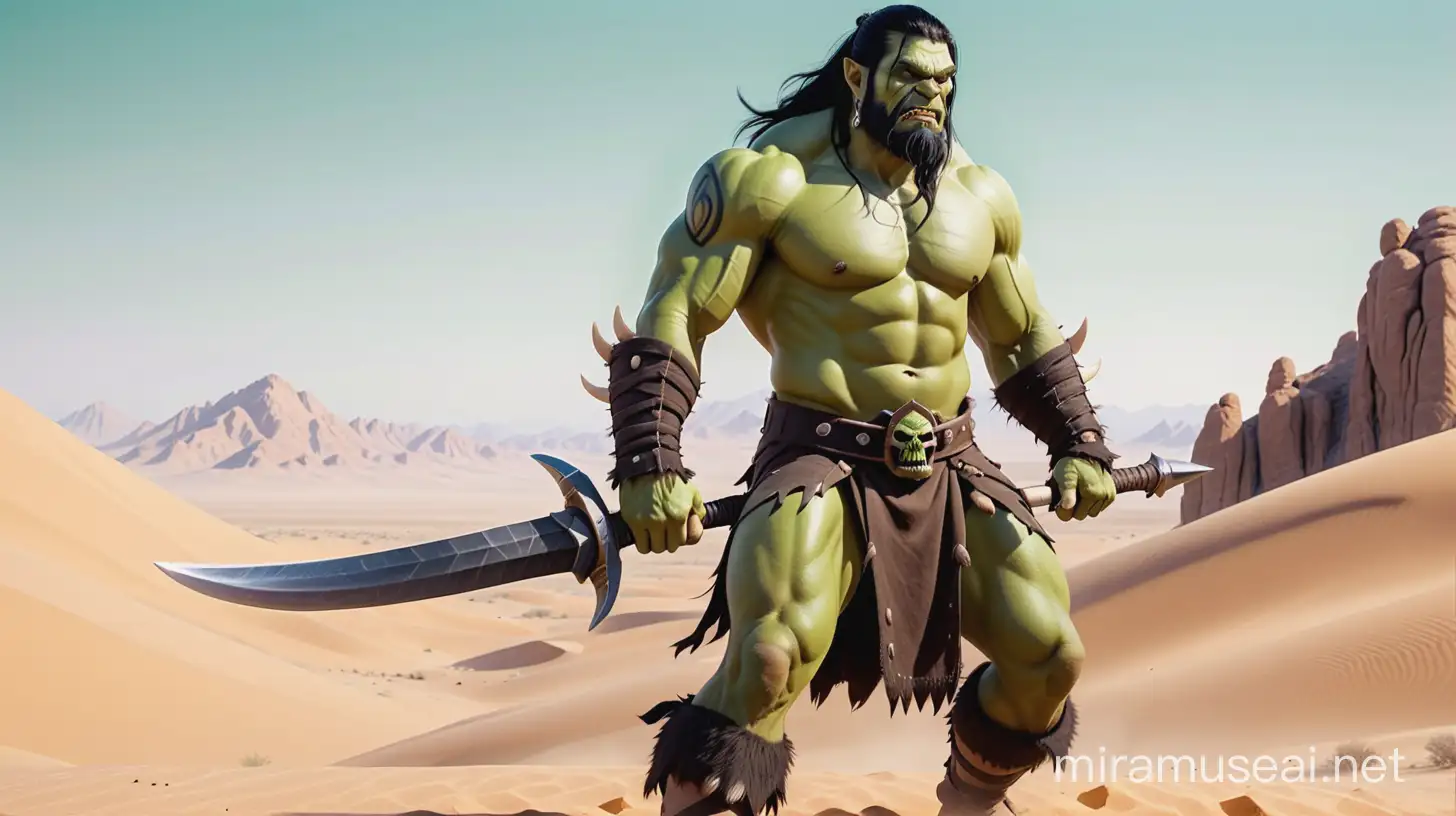 green orc barbarian with black hair and beard wearing a loin cloth, in the desert, wielding a greatsword