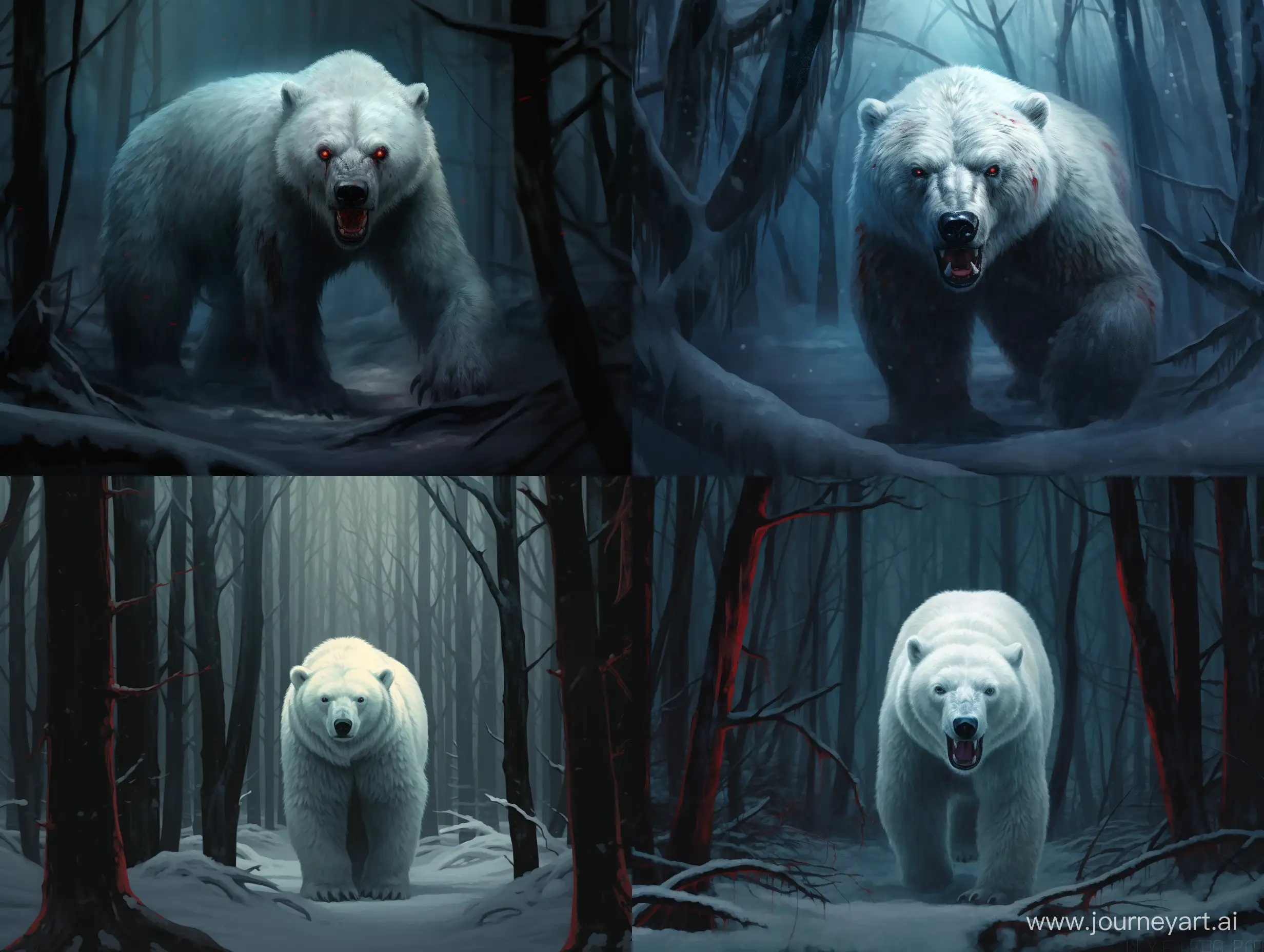 реалистичный белый медведь, тёмная ночь, заснеженный лес, красные глаза