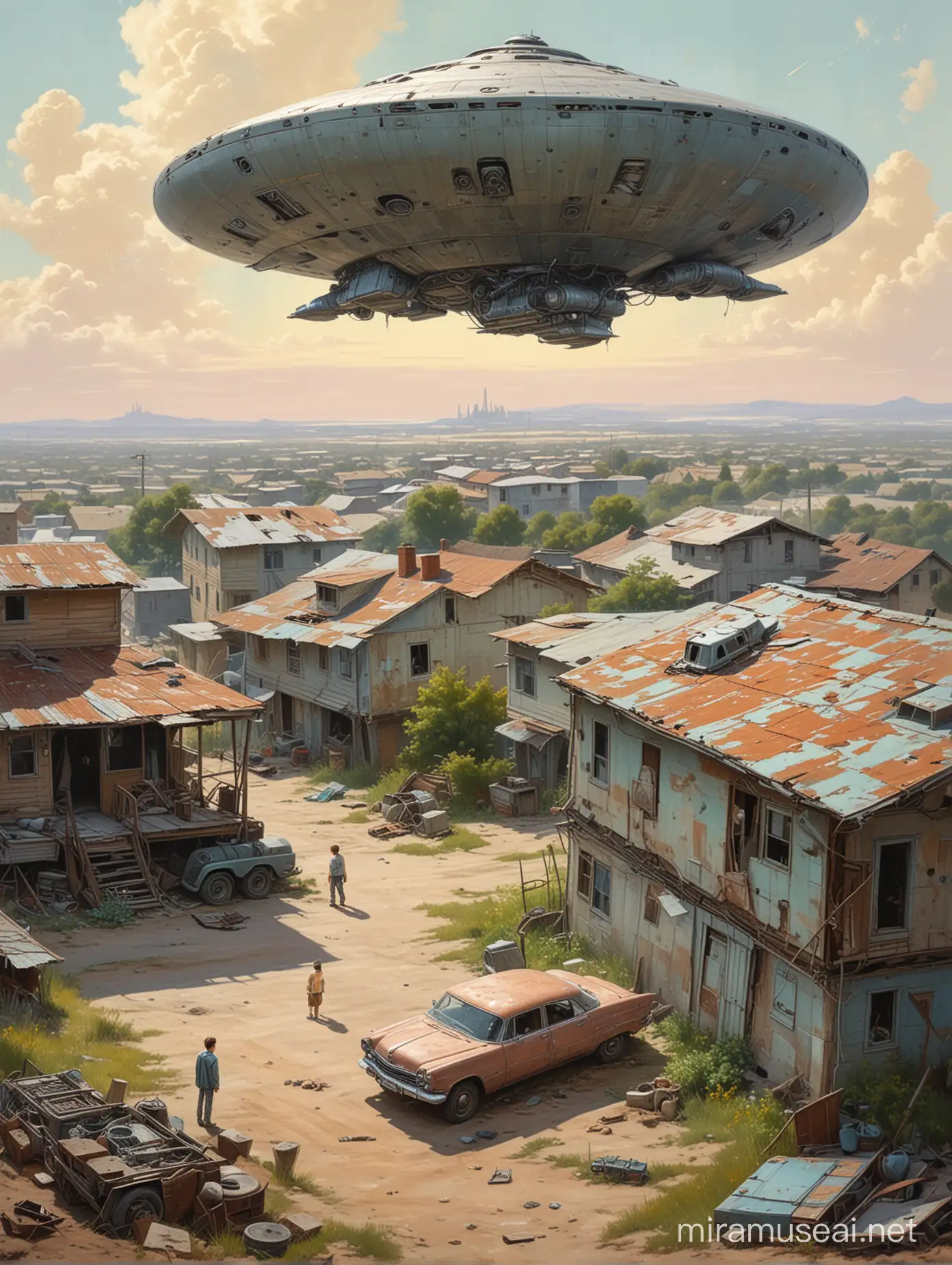 Highly detailed painting based on 'The Sentinel' by Ed F. Howard, wide view from above, a boy sits on the roof of a derelict car looking at a colossal flying saucer, a metal robot stands guard in the distance, use muted pastel colors only, high quality

