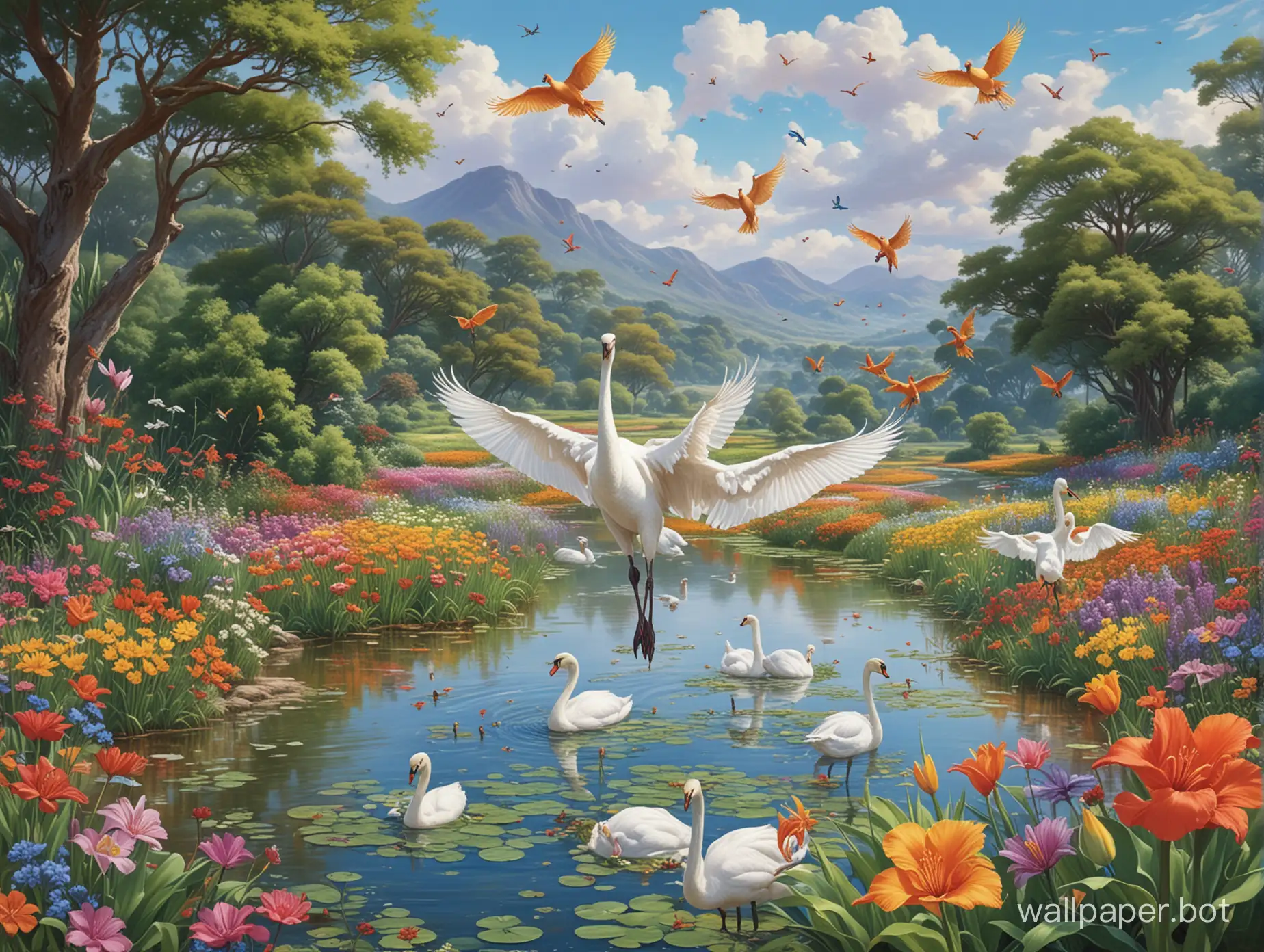 Vibrant-Summer-Sky-RainbowColored-Swans-Soar-Over-Lush-Savanna-with-Exotic-Wildlife-and-Floral-Delights