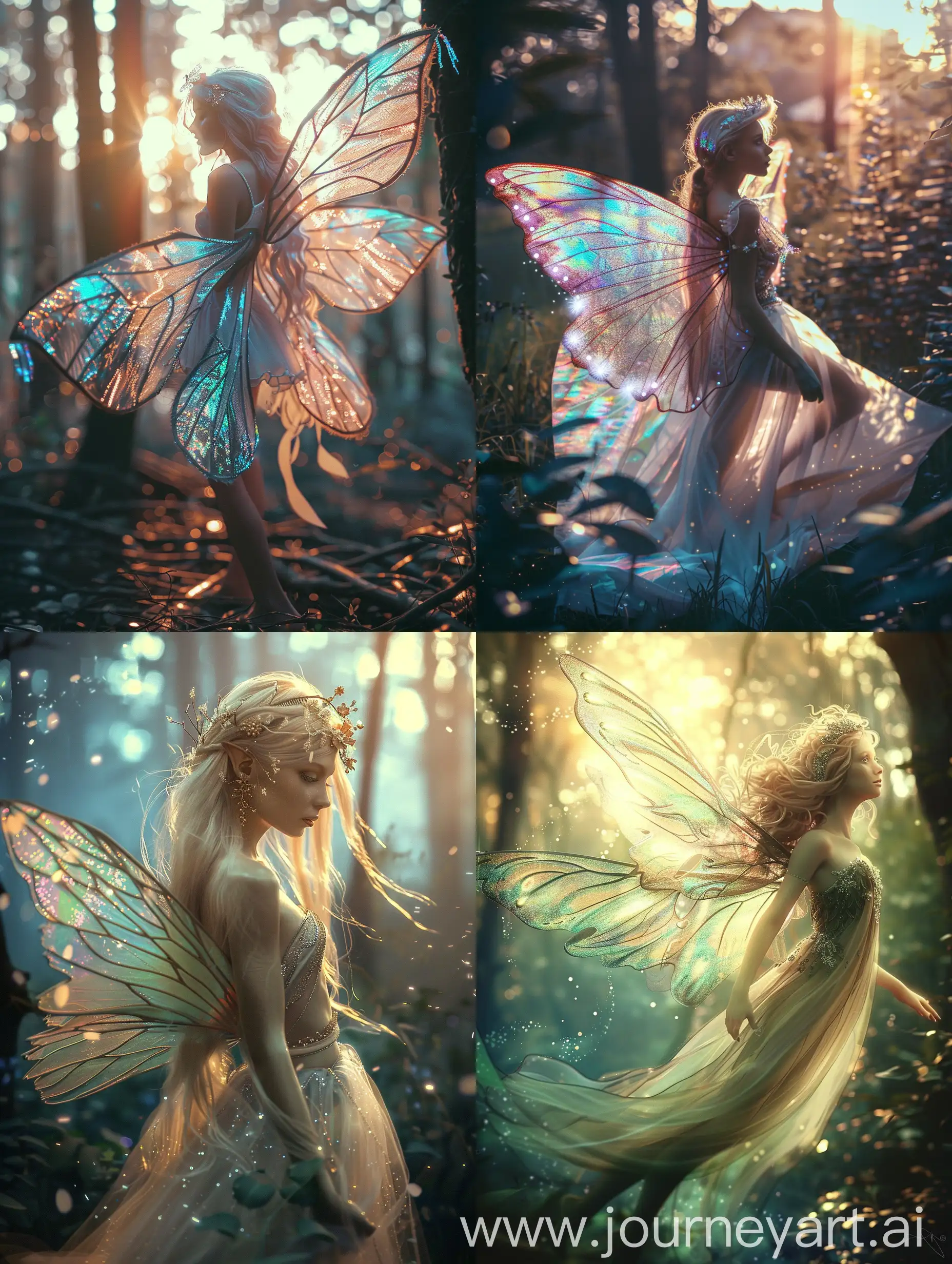 Beautiful fairy, delicate wings with iridescent glow, ethereal and graceful, vibrant magical forest backdrop, enchanting pose, high quality, fantasy, pastel tones, luminous lighting.