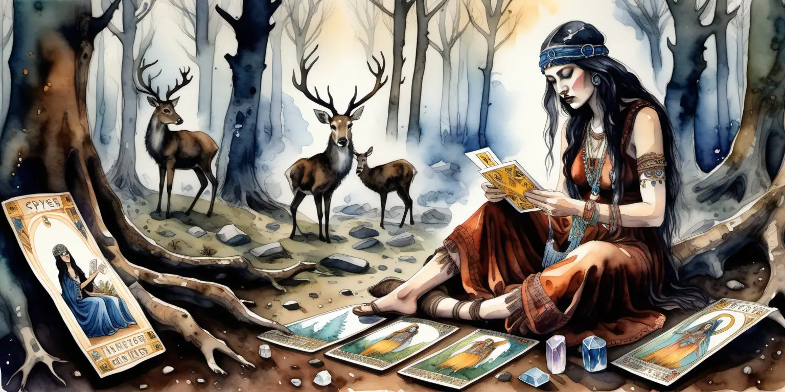  water colour painting  of a gypsy reading ancient  tarot cards while she is sitting on a deerskin on the ground in the  ancient forest deceased ancestors to step through the ancient crystal studded  mirror