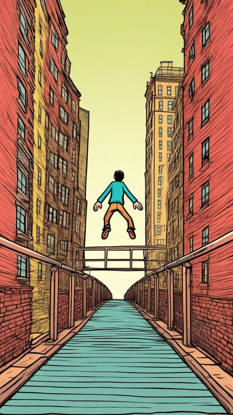 Color cartoony.   From behind  a man jumps off a bridge